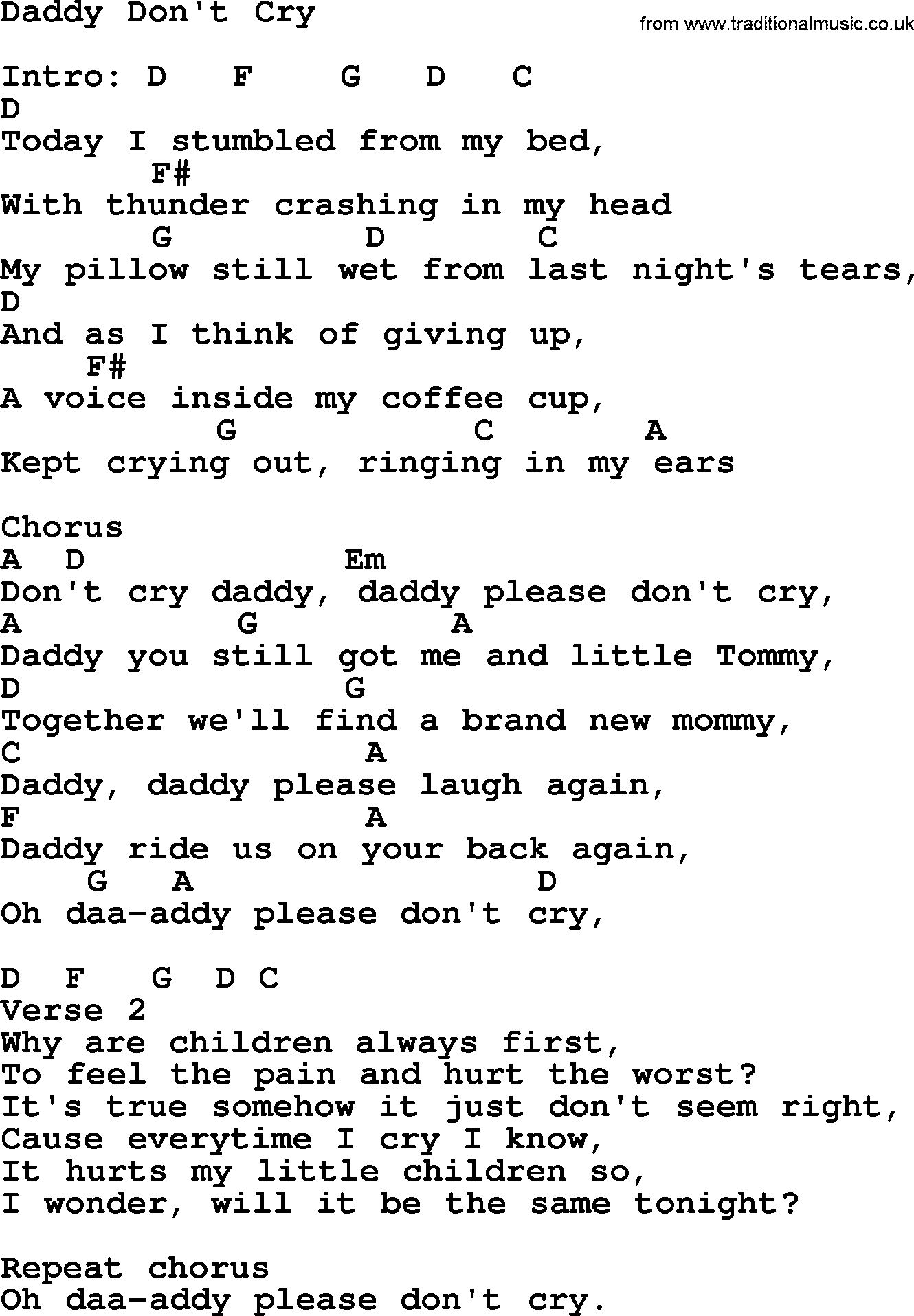 Elvis Presley song: Daddy Don't Cry, lyrics and chords