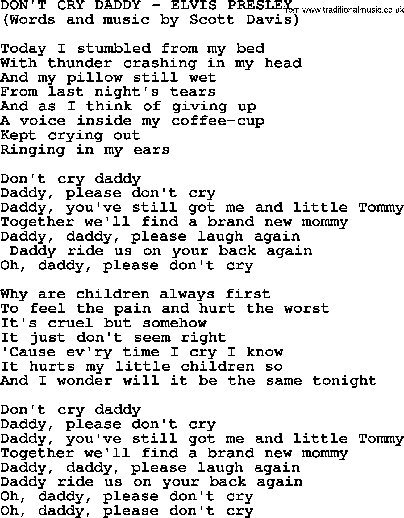 Elvis Presley song: Don't Cry Daddy lyrics