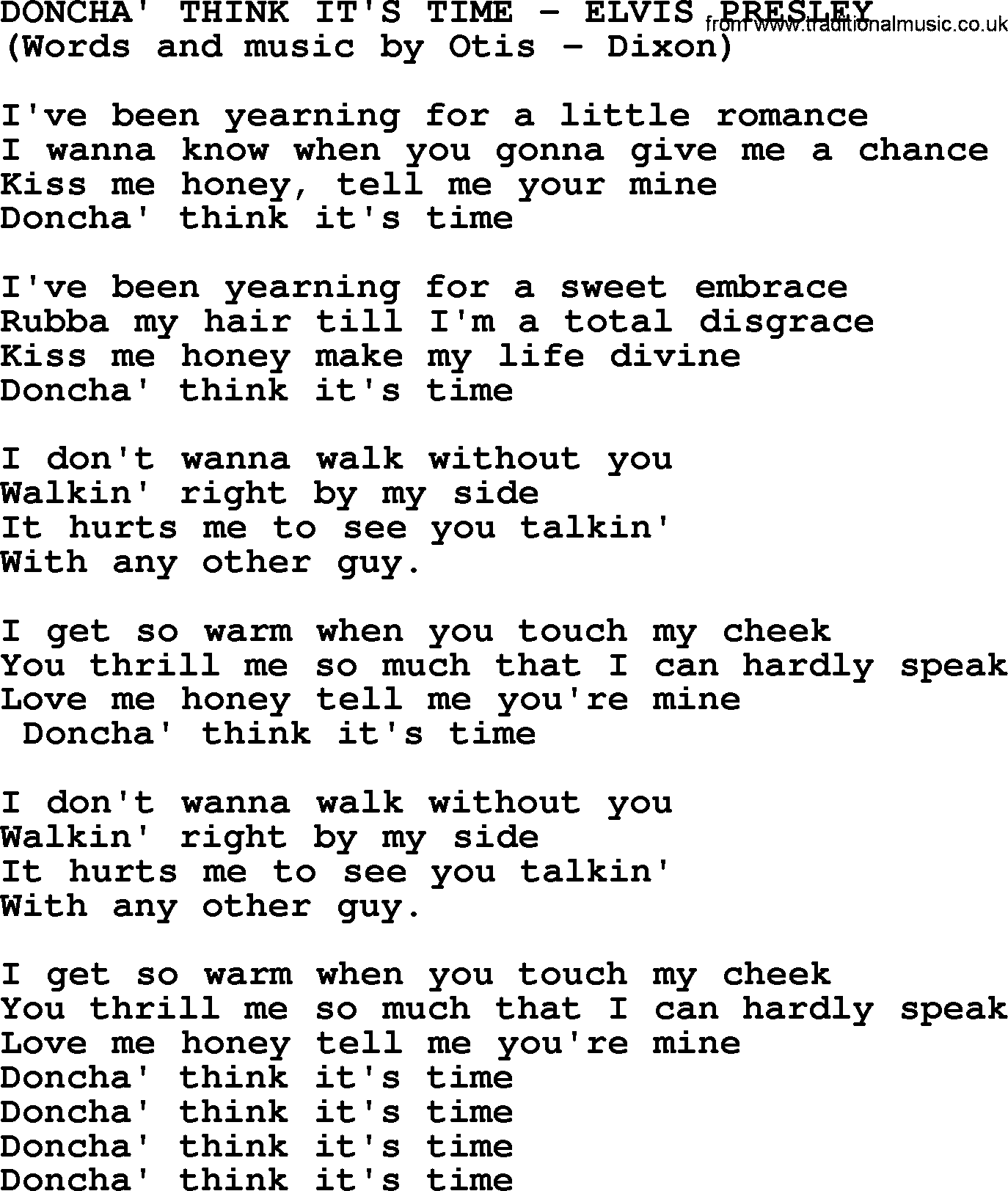 Elvis Presley song: Doncha' Think It's Time lyrics