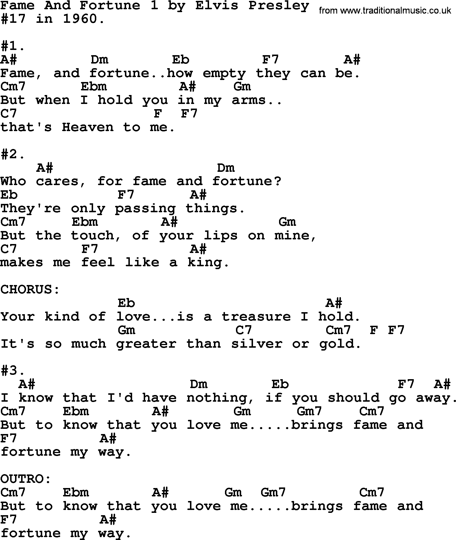 Elvis Presley song: Fame And Fortune 1, lyrics and chords