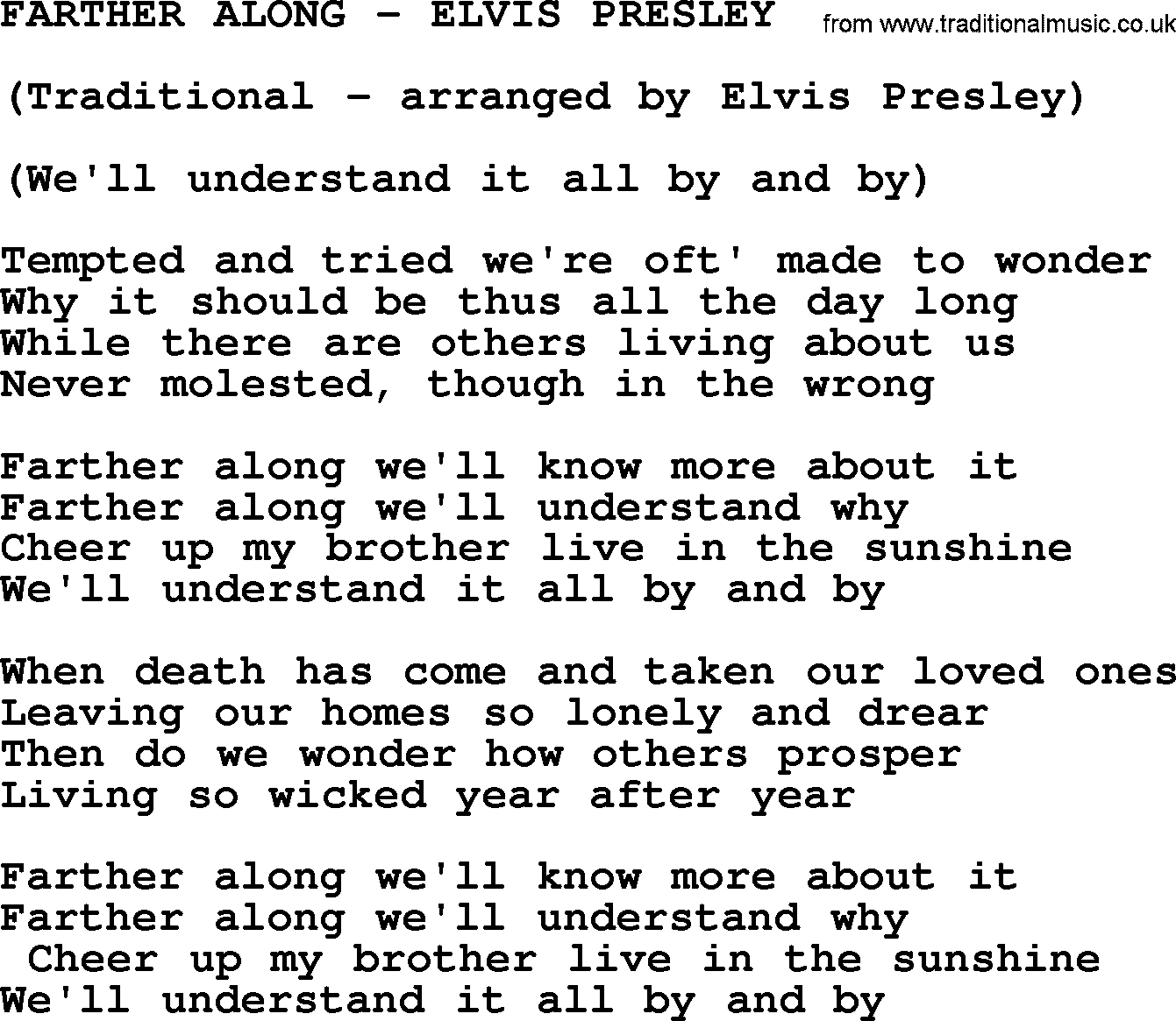 Elvis Presley song: Farther Along-Elvis Presley-.txt lyrics and chords