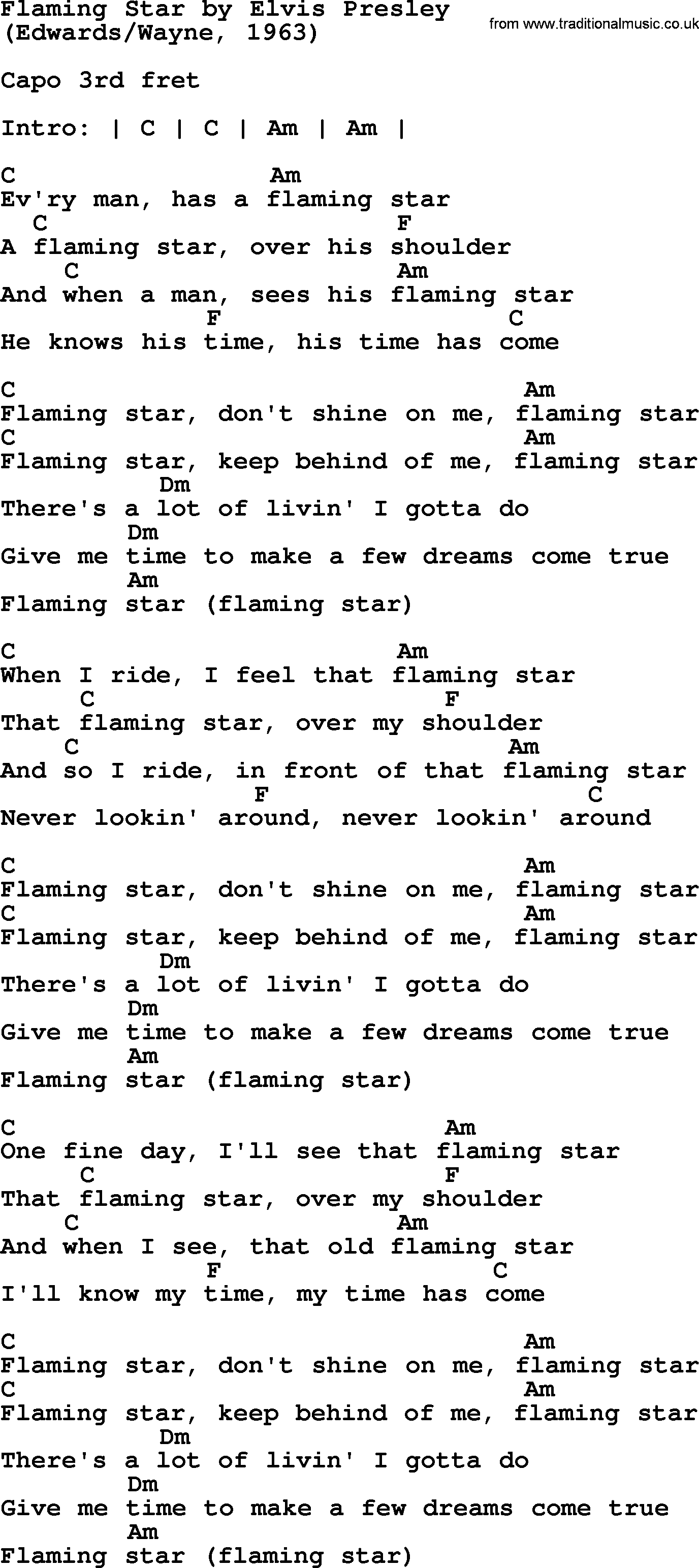 Elvis Presley song: Flaming Star, lyrics and chords