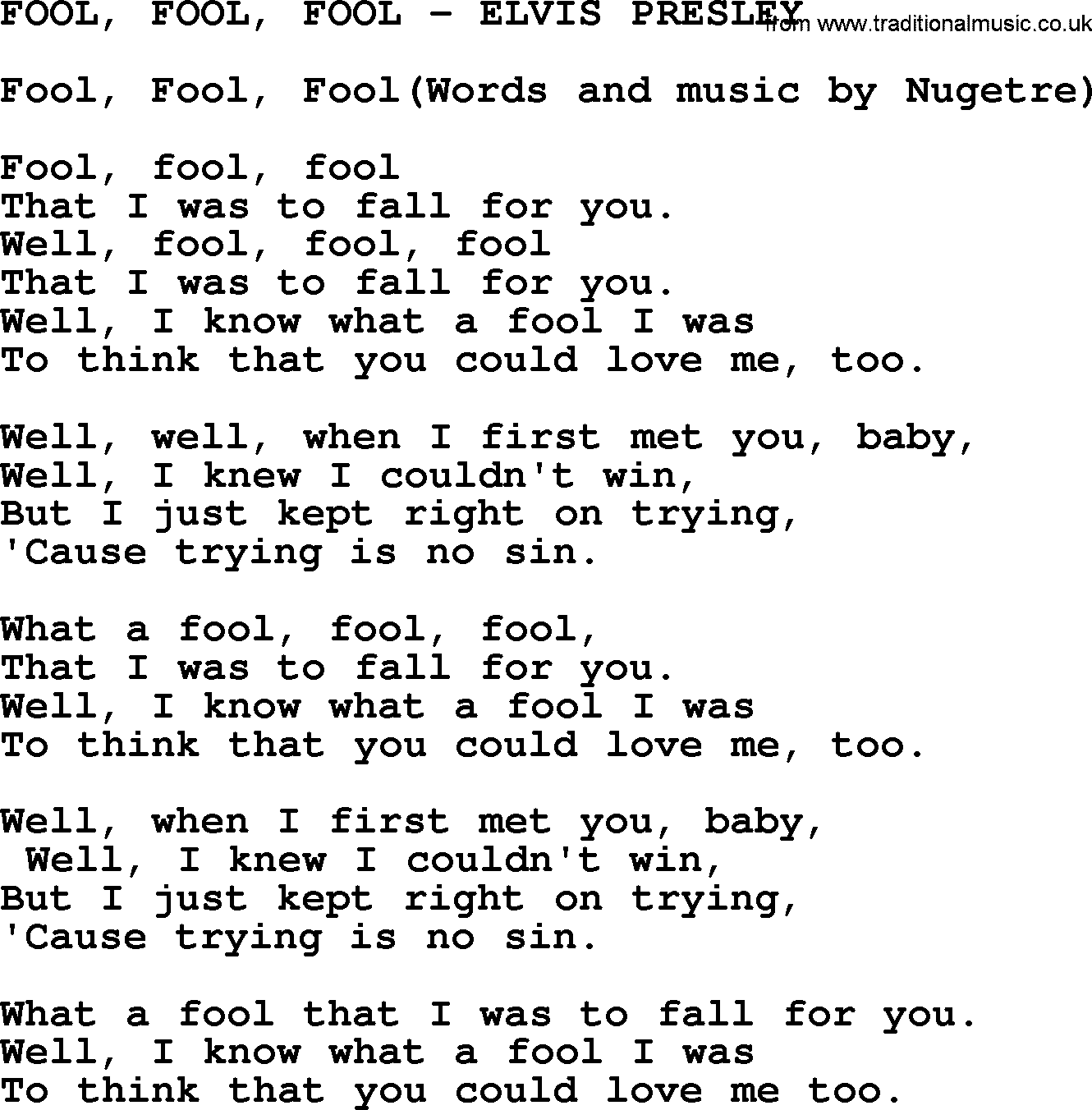Elvis Presley song: Fool, Fool, Fool-Elvis Presley-.txt lyrics and chords