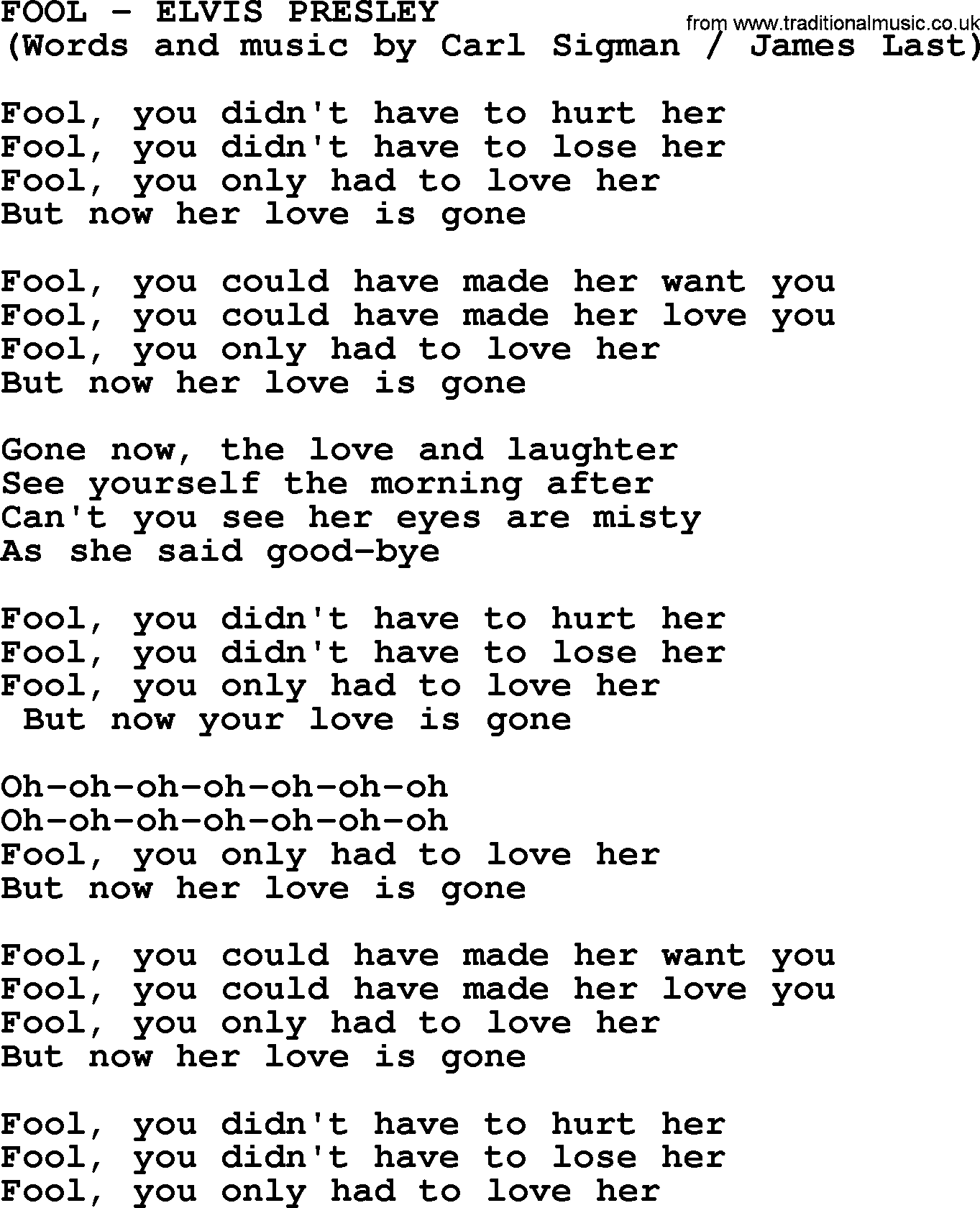 Elvis Presley song: Fool lyrics