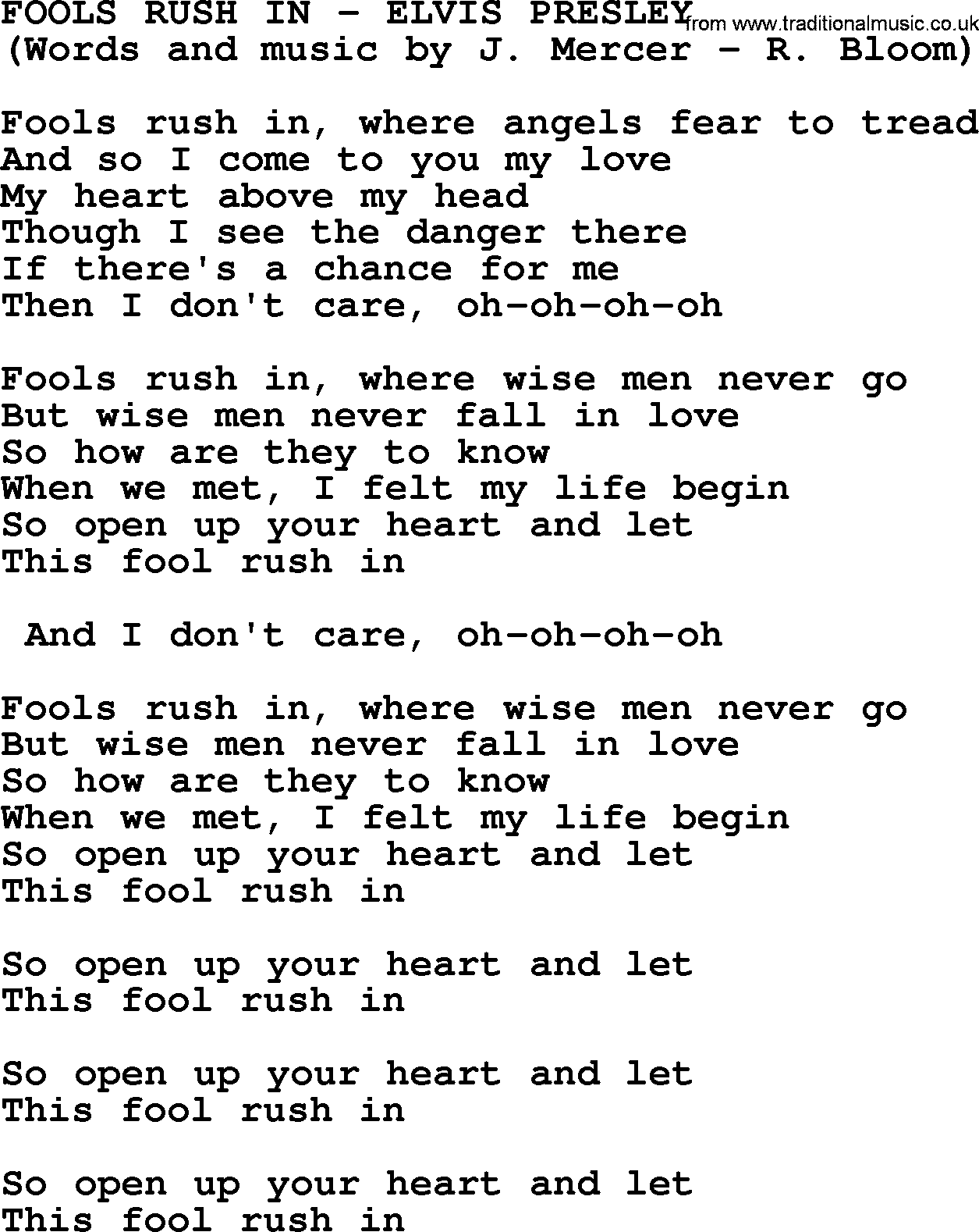 Elvis Presley song: Fools Rush In lyrics