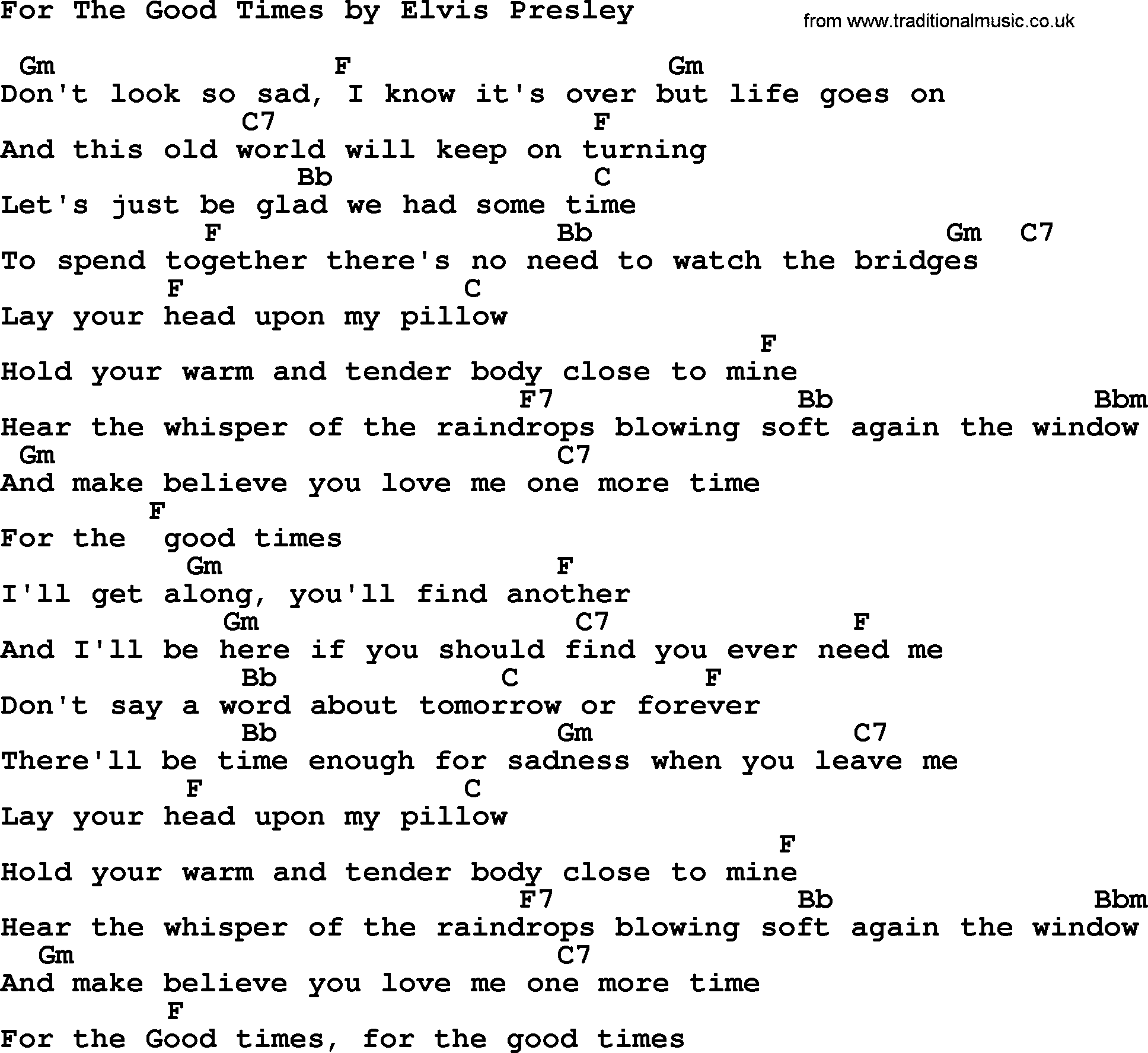 Elvis Presley song: For The Good Times, lyrics and chords