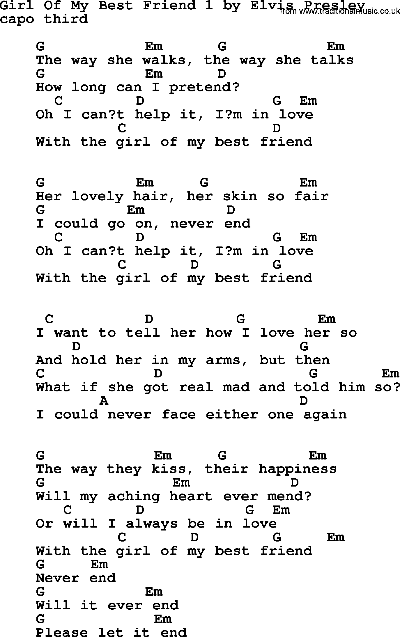 Elvis Presley song: Girl Of My Best Friend 1, lyrics and chords