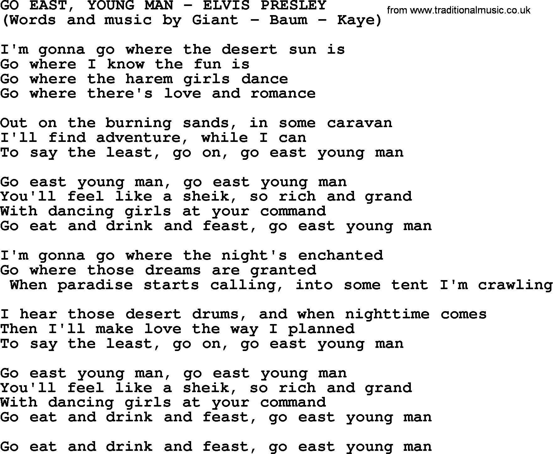 Elvis Presley song: Go East, Young Man lyrics
