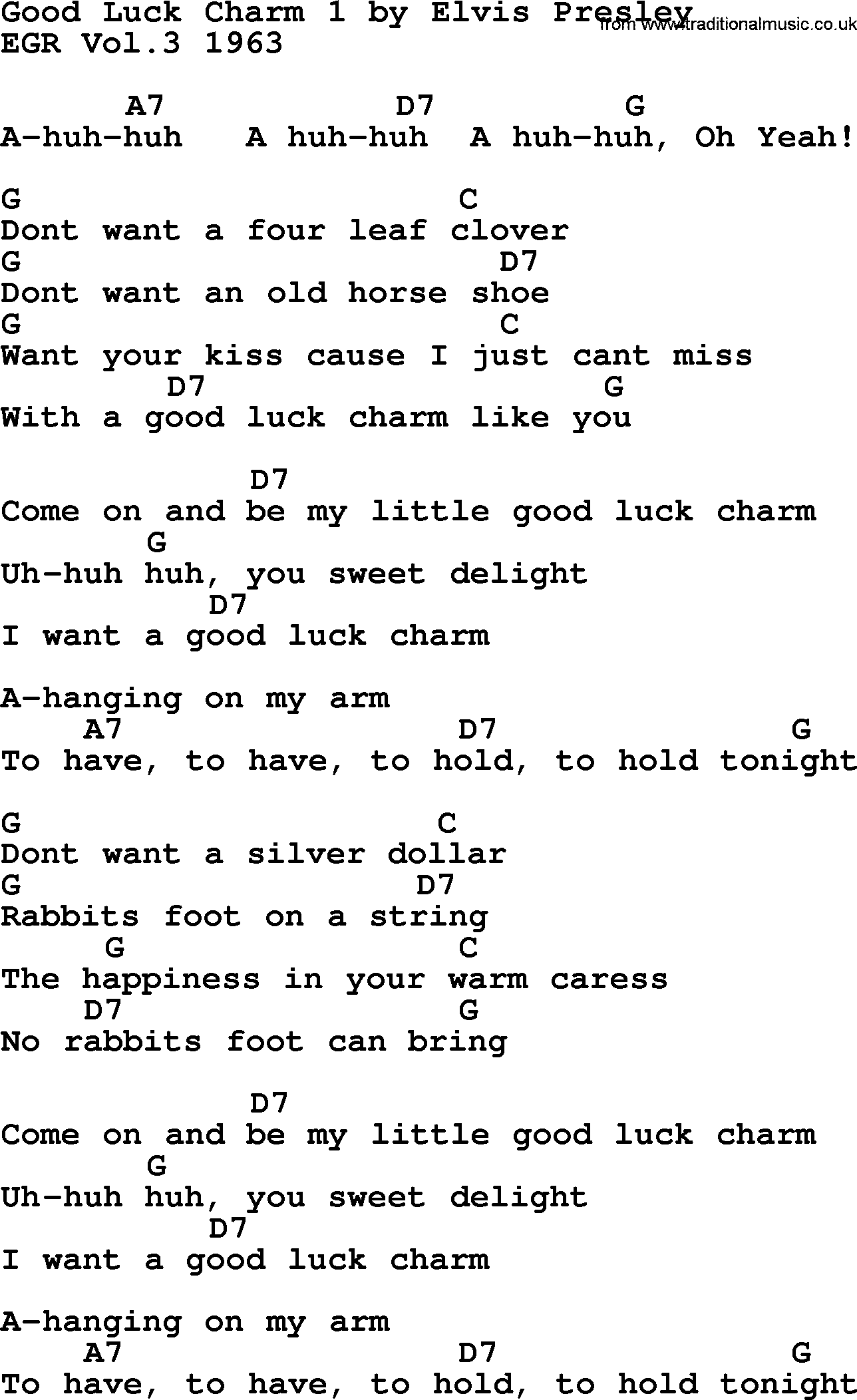 Elvis Presley song: Good Luck Charm 1, lyrics and chords