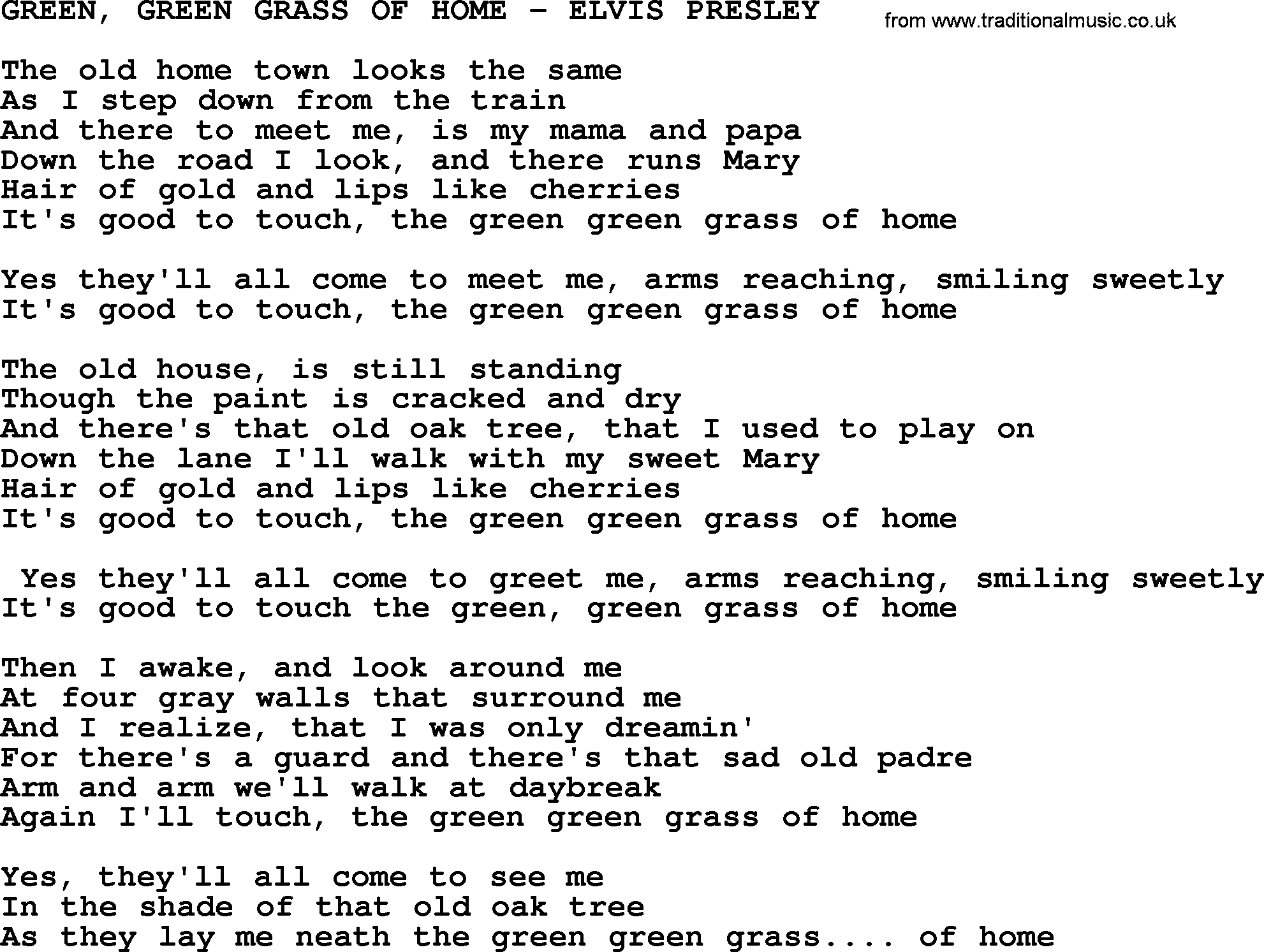 Old Country song lyrics with chords - Green Green Grass Of Home