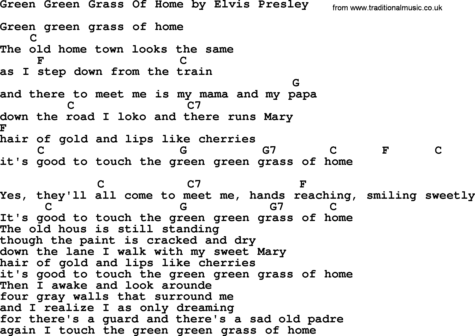 Elvis Presley song: Green Green Grass Of Home, lyrics and chords