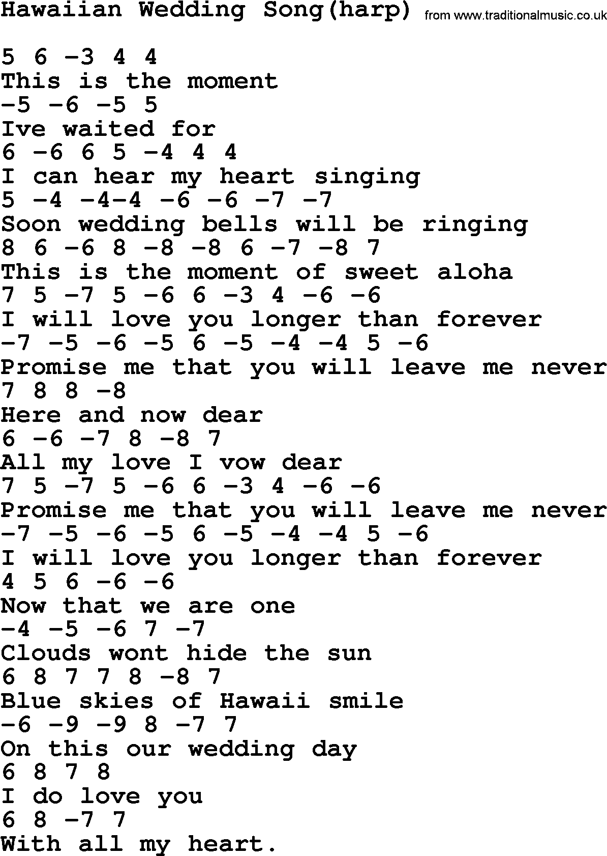 Elvis Presley song: Hawaiian Wedding Song(harp), lyrics and chords
