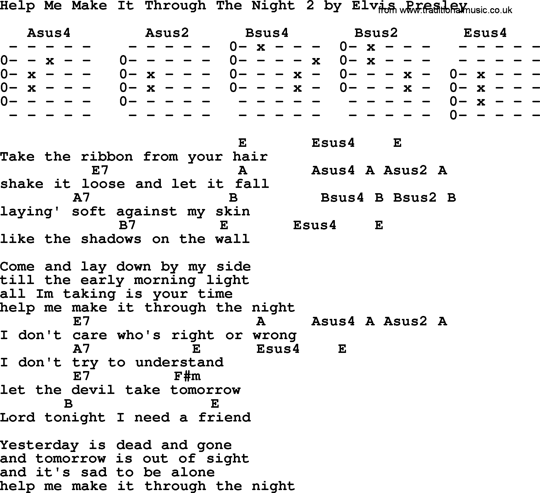 Elvis Presley song: Help Me Make It Through The Night 2, lyrics and chords