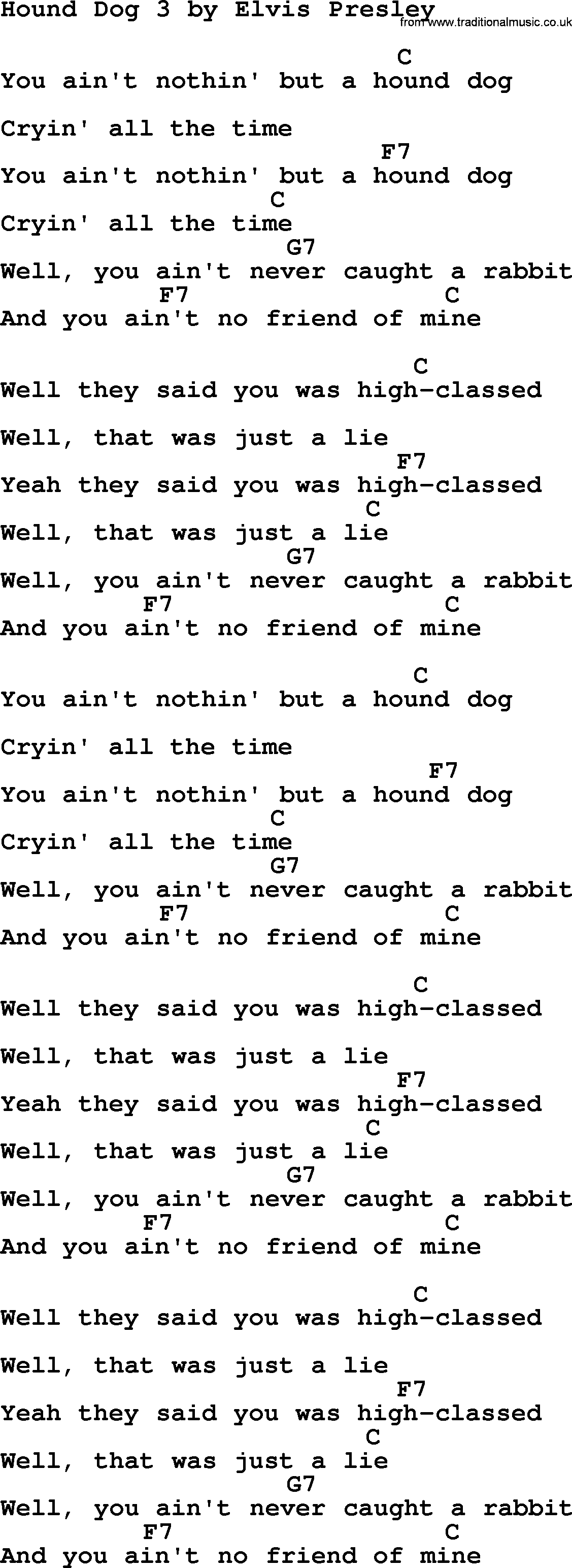 Elvis Presley song: Hound Dog 3, lyrics and chords
