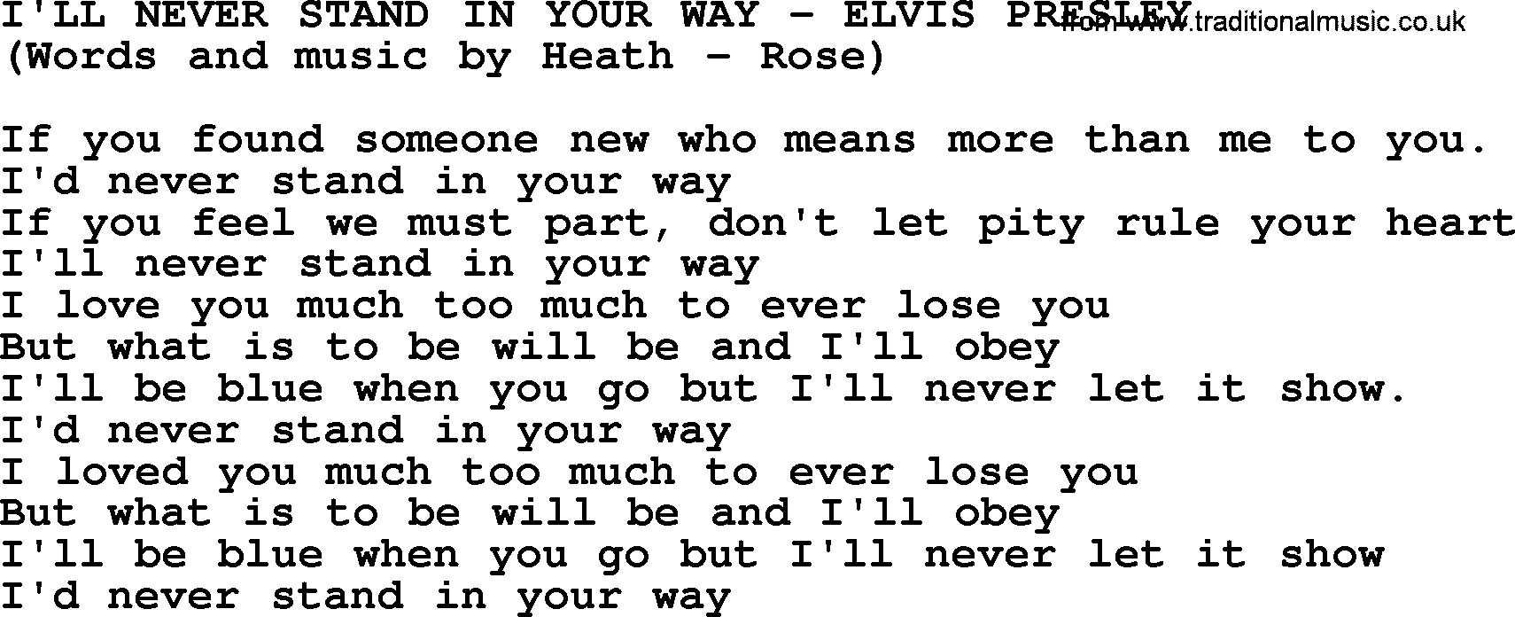 Elvis Presley song: I'll Never Stand In Your Way lyrics