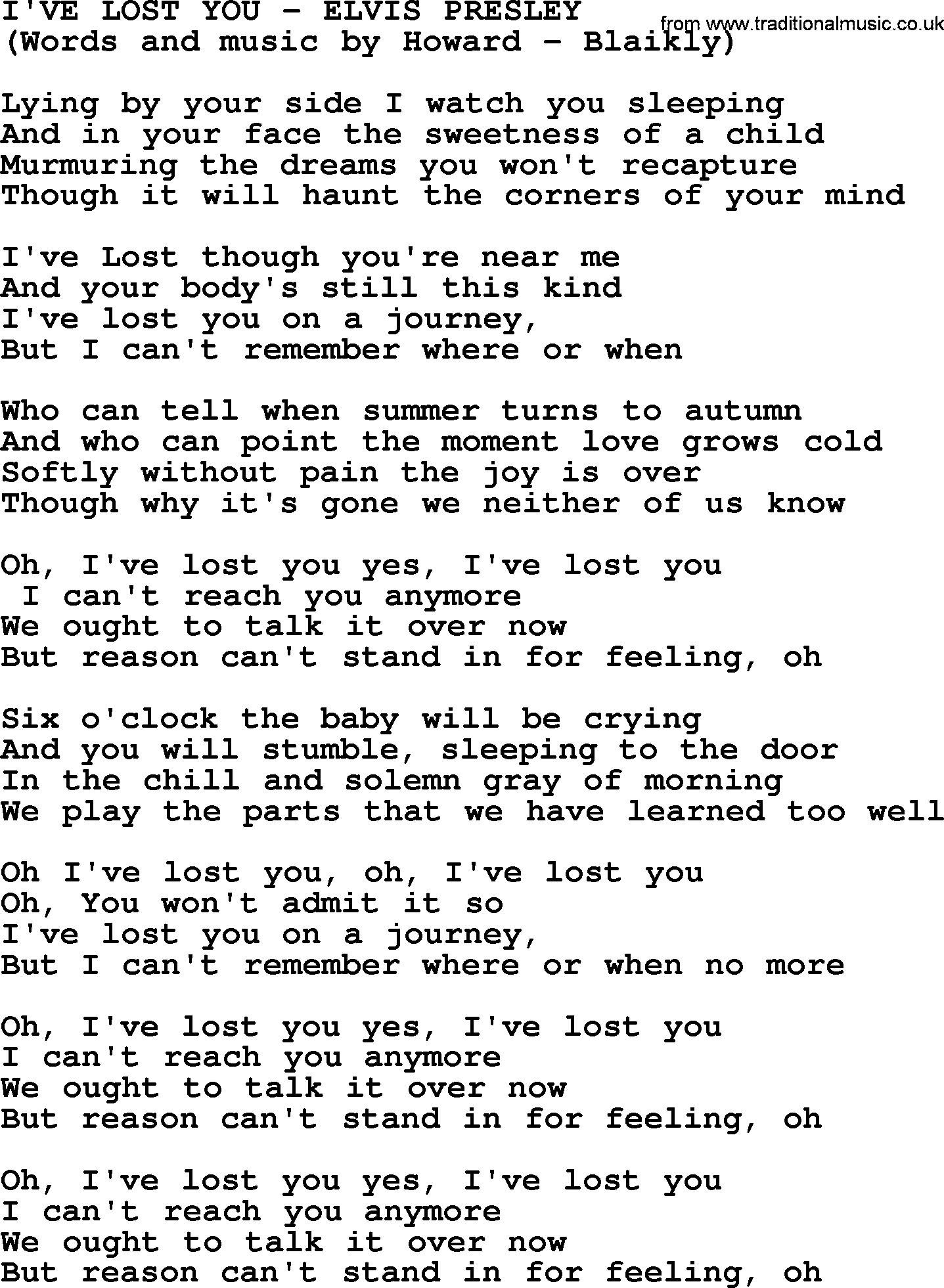 Elvis Presley song: I've Lost You lyrics