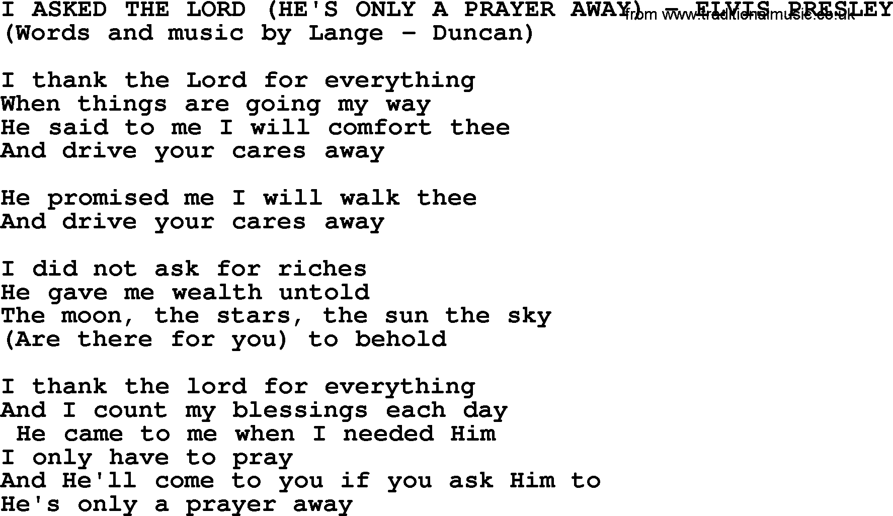 Elvis Presley song: I Asked The Lord (He's Only A Prayer Away) lyrics