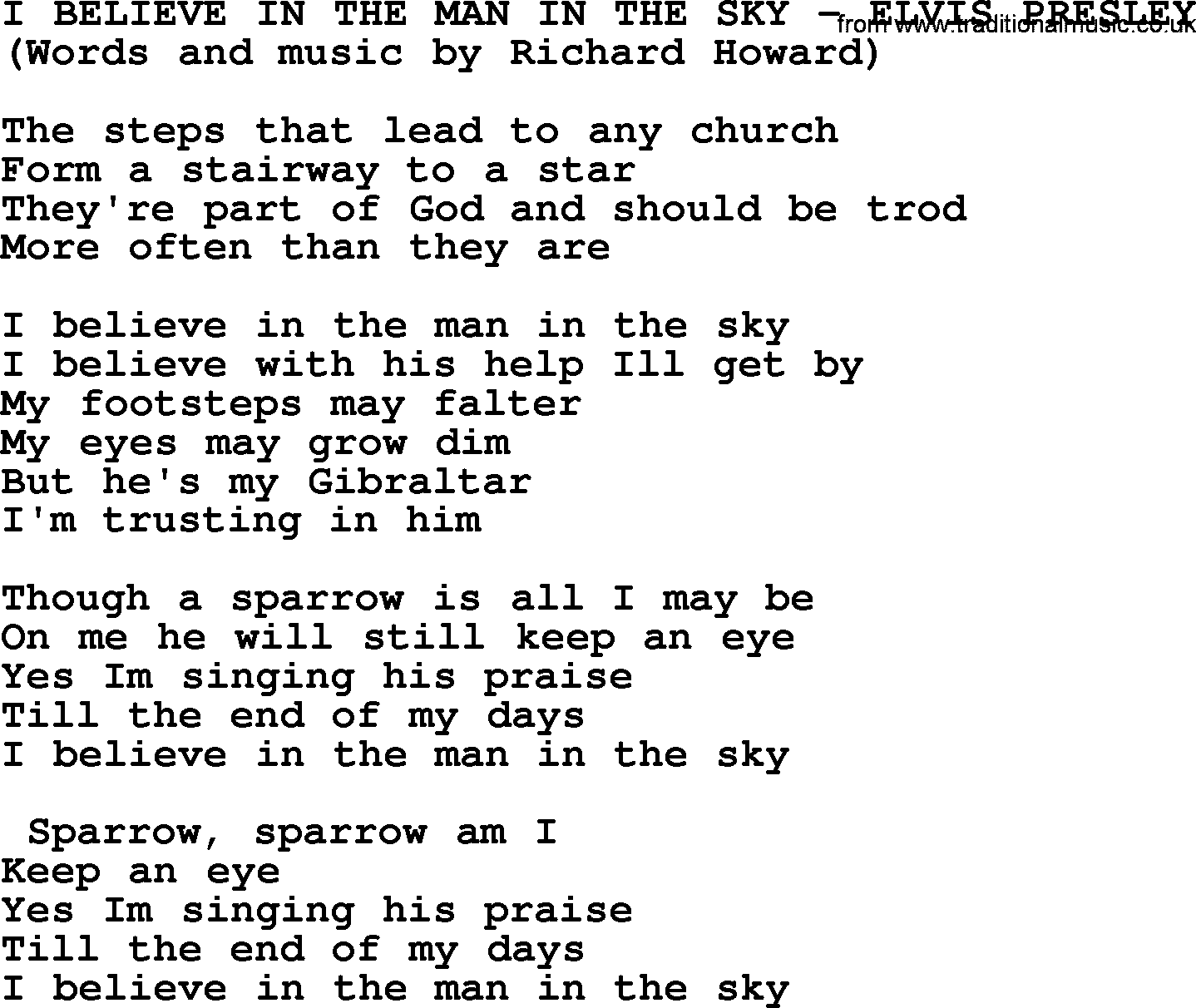 Elvis Presley song: I Believe In The Man In The Sky lyrics