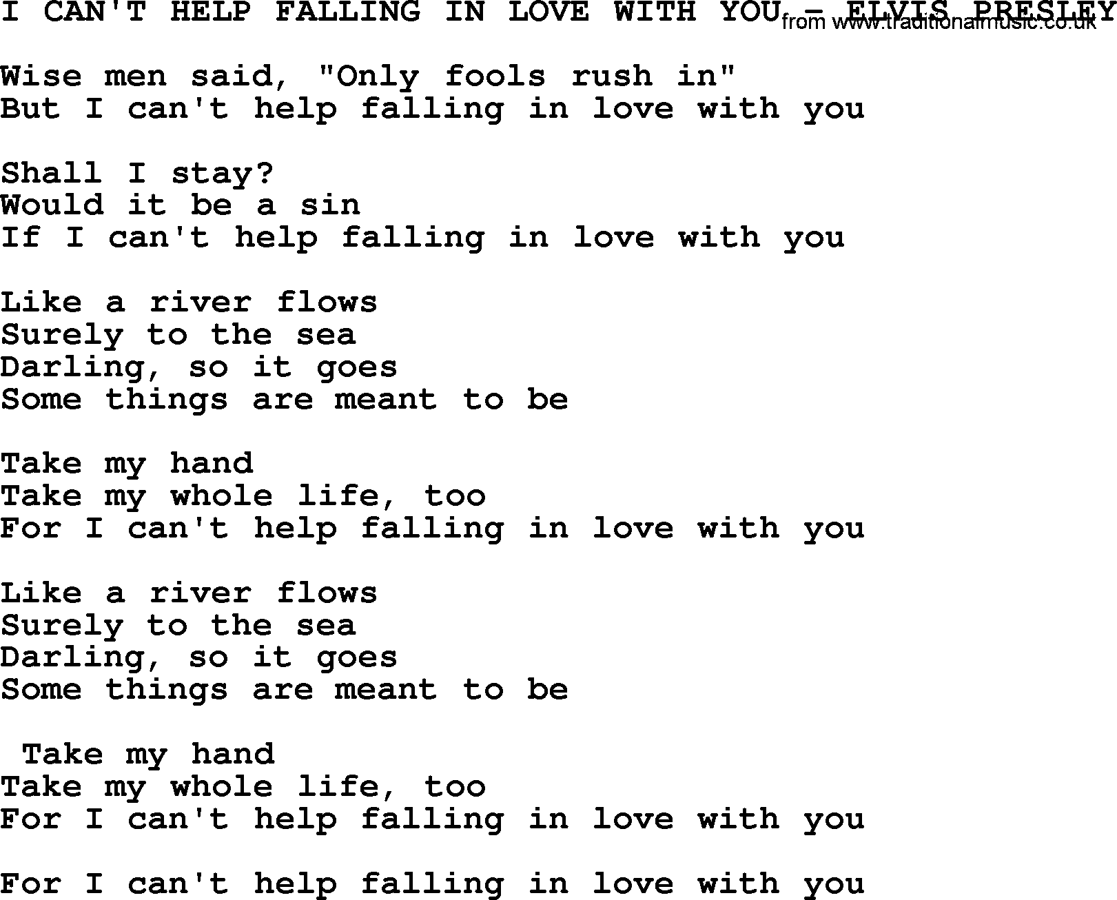 Elvis Presley song: I Can't Help Falling In Love With You-Elvis Presley-.txt lyrics and chords