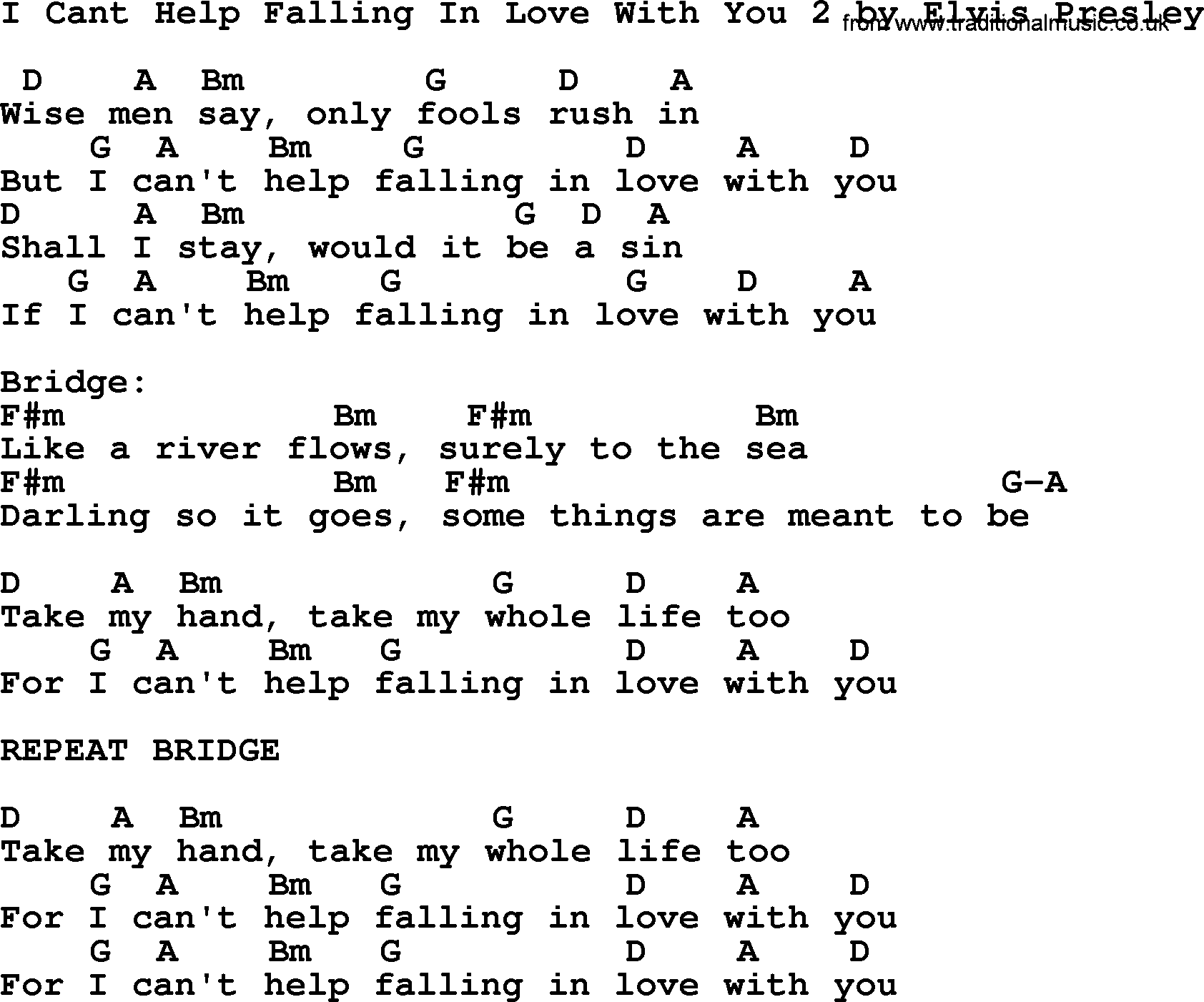 Elvis Presley song: I Cant Help Falling In Love With You 2, lyrics and chords