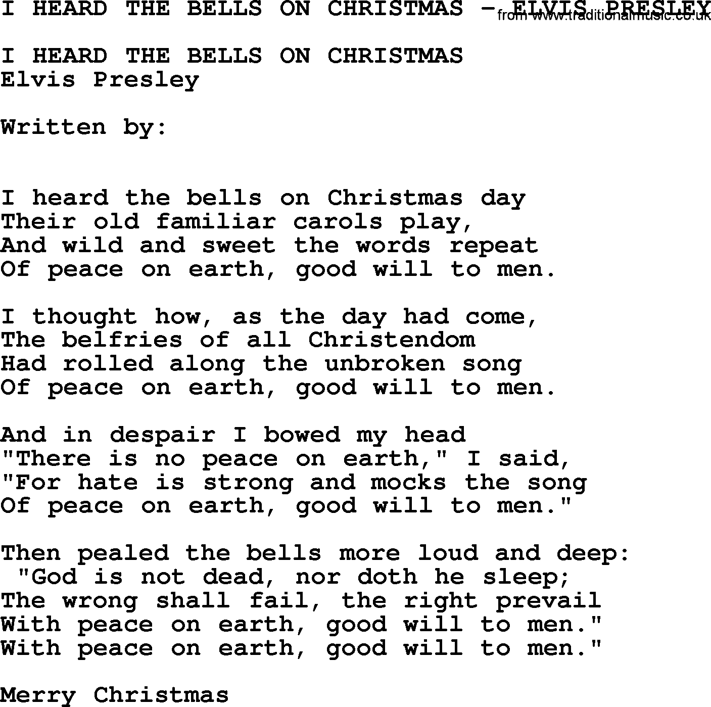 Elvis Presley song: I Heard The Bells On Christmas-Elvis Presley-.txt lyrics and chords
