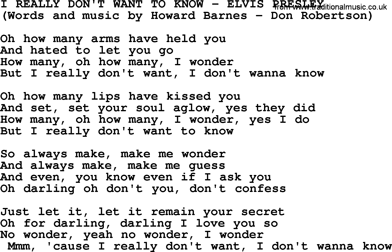 Elvis Presley song: I Really Don't Want To Know lyrics