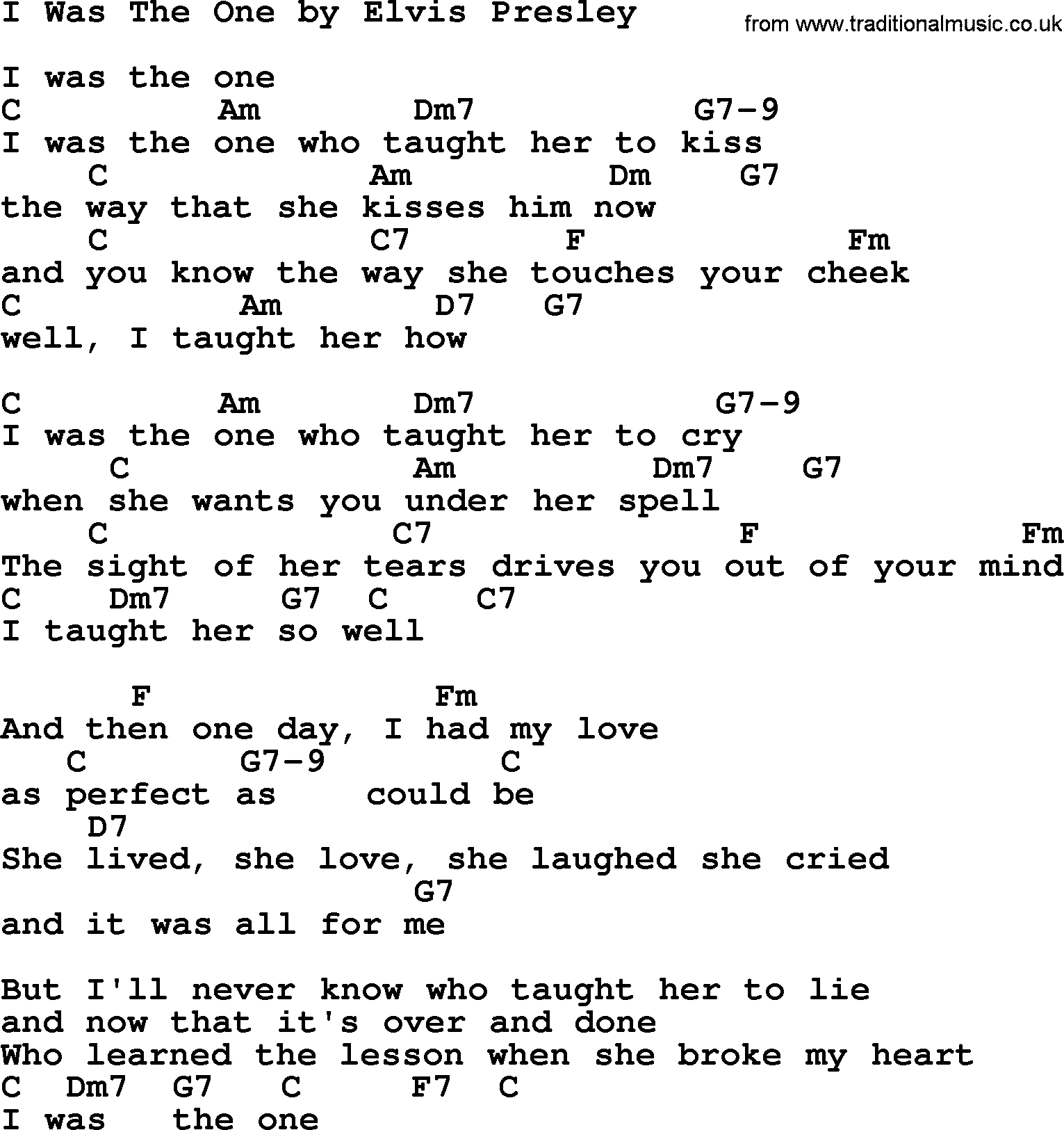 Elvis Presley song: I Was The One, lyrics and chords