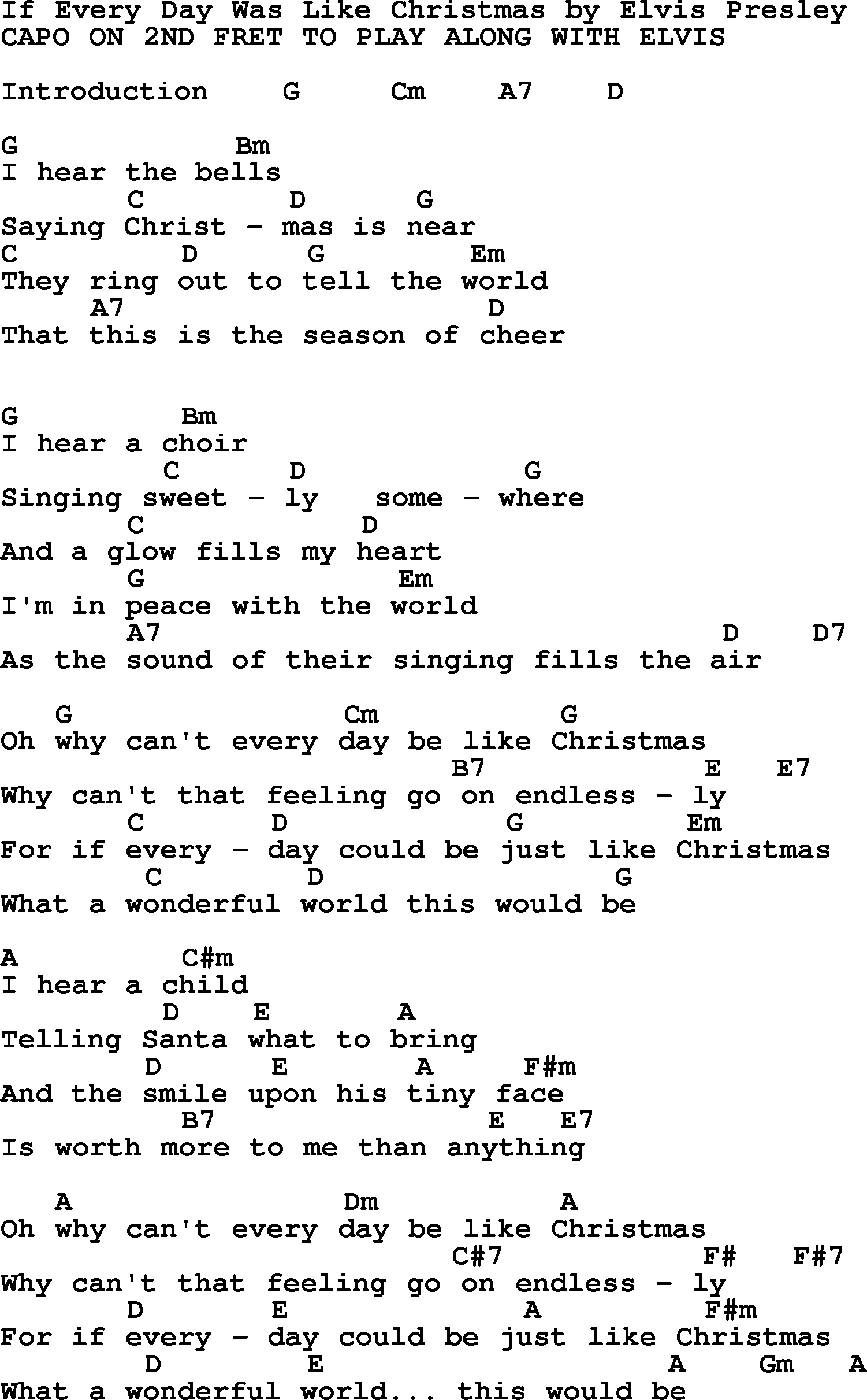 Elvis Presley song: If Every Day Was Like Christmas, lyrics and chords