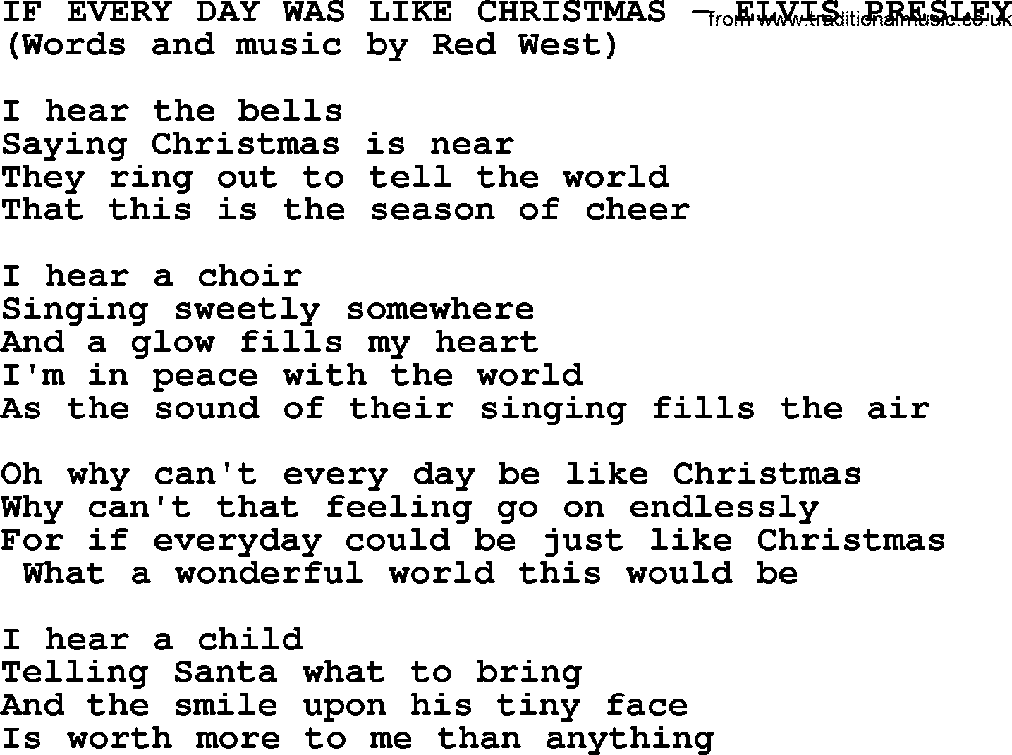 Elvis Presley song: If Every Day Was Like Christmas lyrics