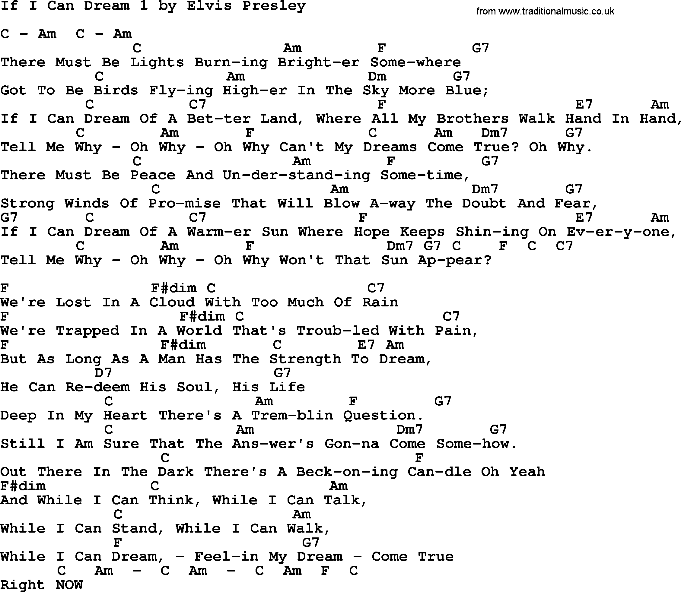 Elvis Presley song: If I Can Dream 1, lyrics and chords
