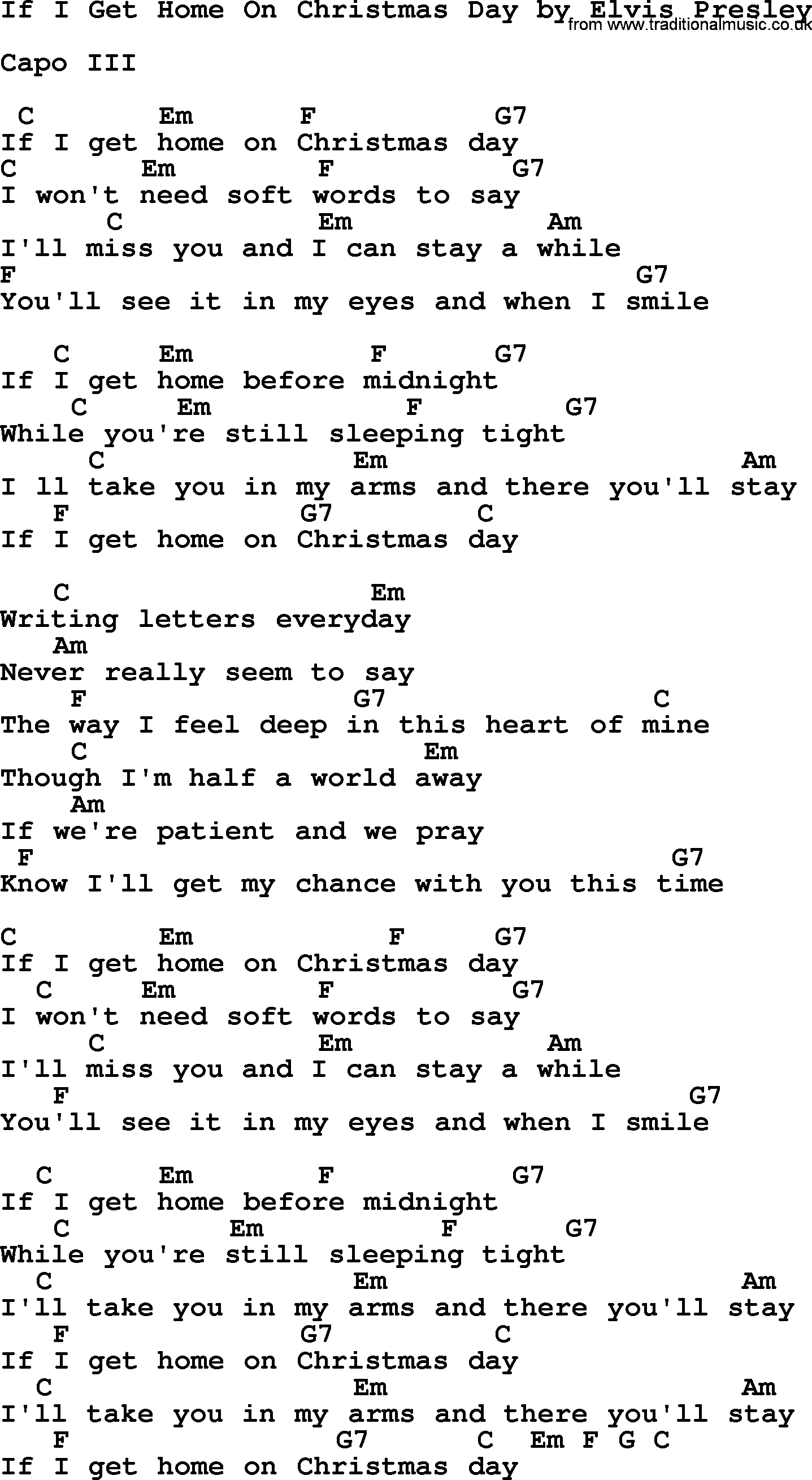 Elvis Presley song: If I Get Home On Christmas Day, lyrics and chords