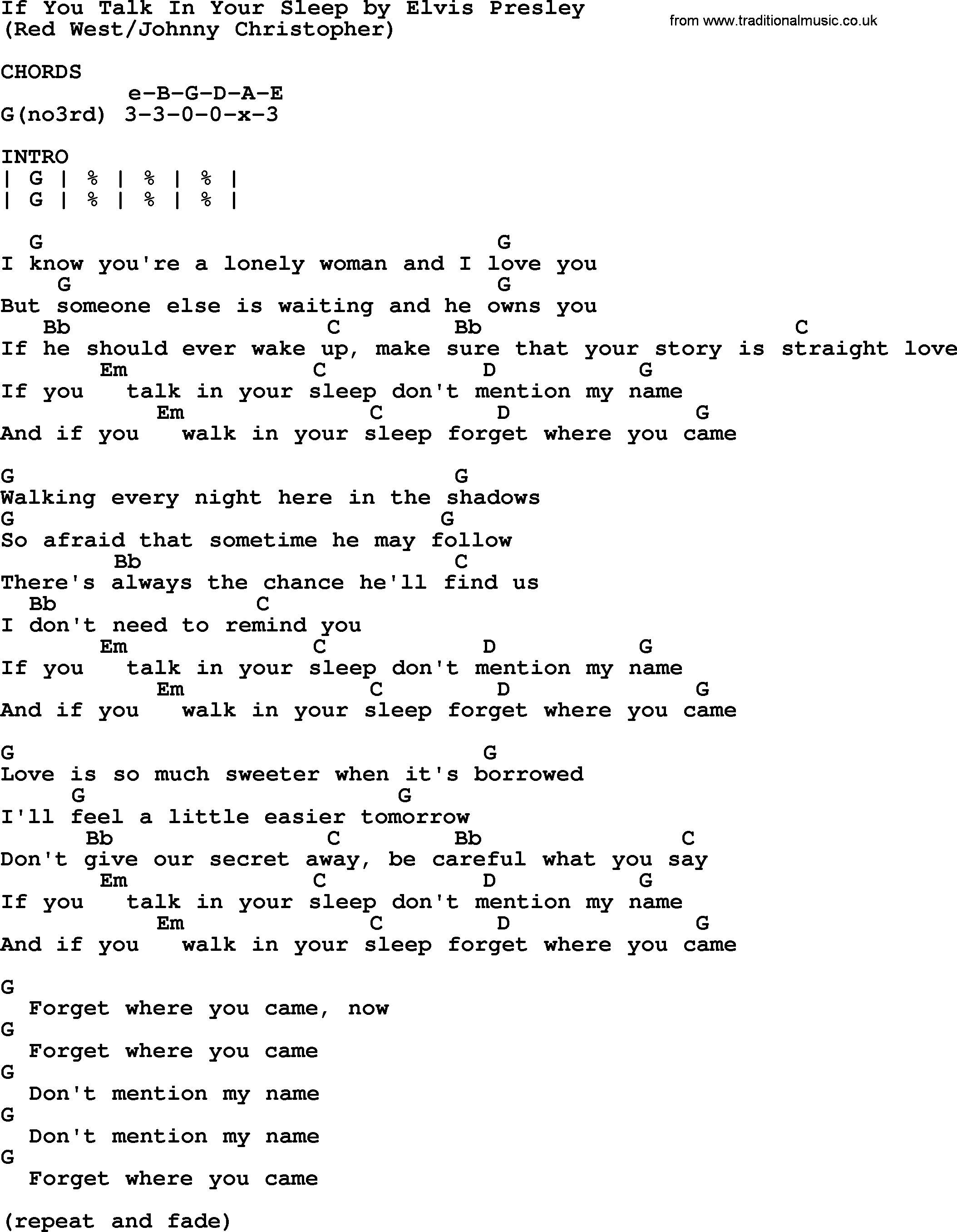 Elvis Presley song: If You Talk In Your Sleep, lyrics and chords