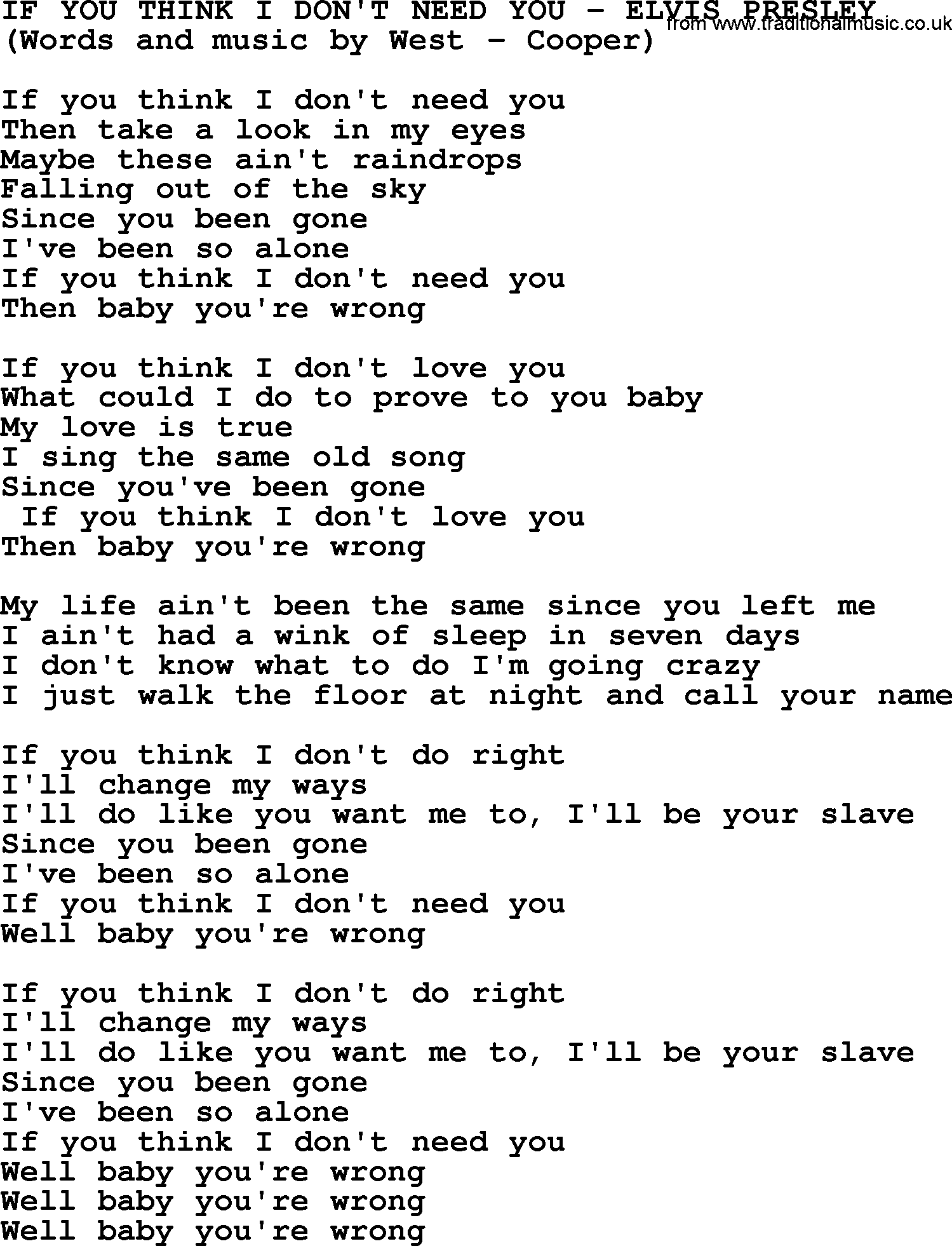 Elvis Presley song: If You Think I Don't Need You lyrics