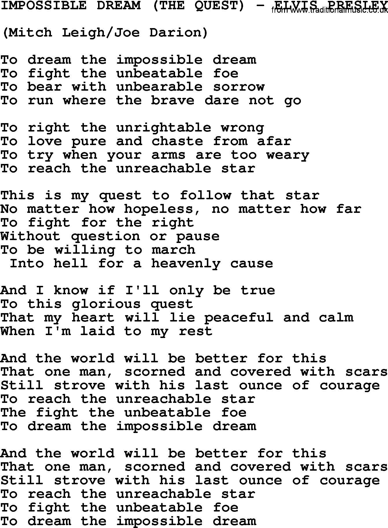 Elvis Presley song: Impossible Dream (The Quest)-Elvis Presley-.txt lyrics and chords