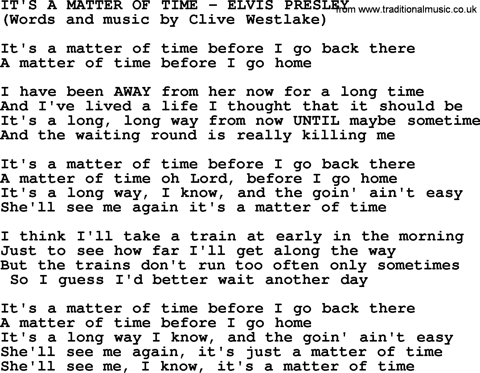 Elvis Presley song: It's A Matter Of Time lyrics