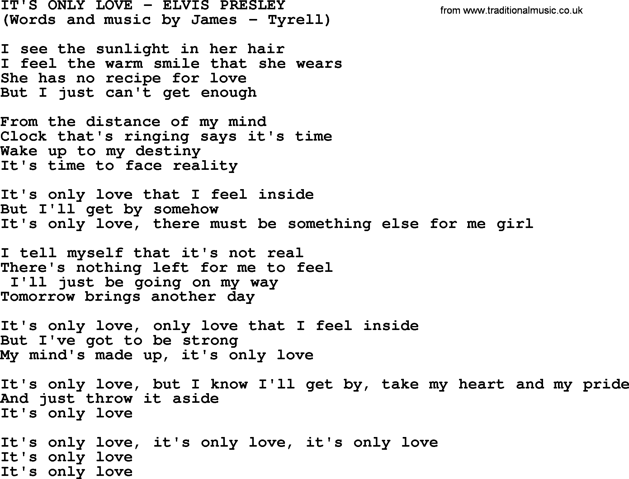 Elvis Presley song: It's Only Love lyrics