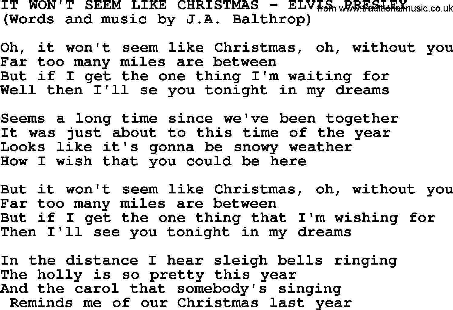 Elvis Presley song: It Won't Seem Like Christmas lyrics