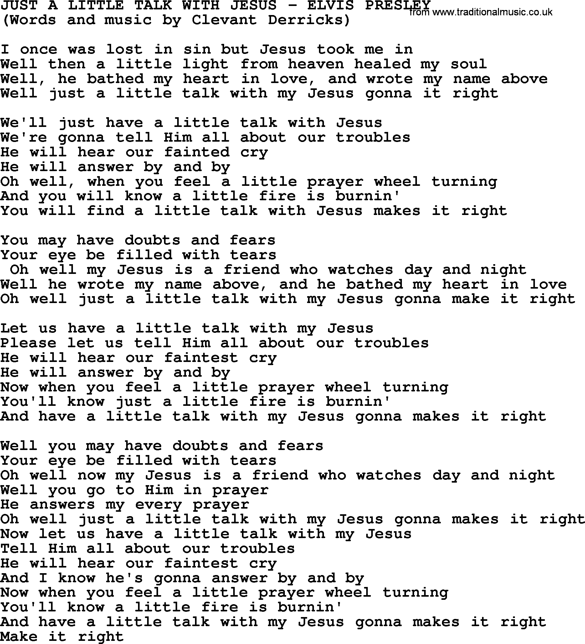 Just A Little Talk With Jesus by Elvis Presley - lyrics
