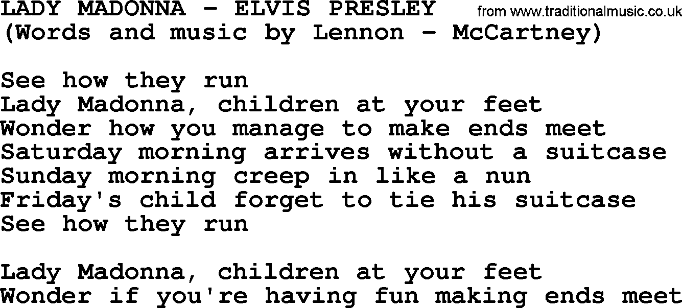 Elvis Presley song: Lady Madonna lyrics