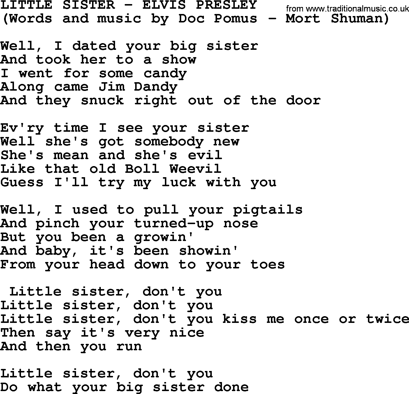 Elvis Presley song: Little Sister lyrics