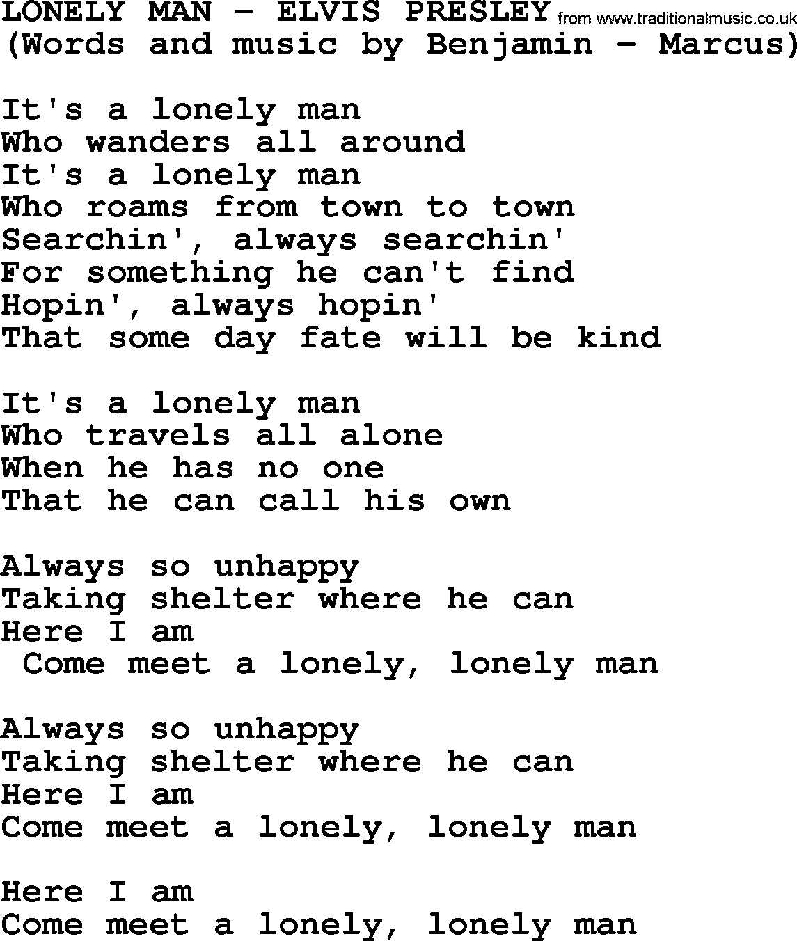 Elvis Presley song: Lonely Man lyrics