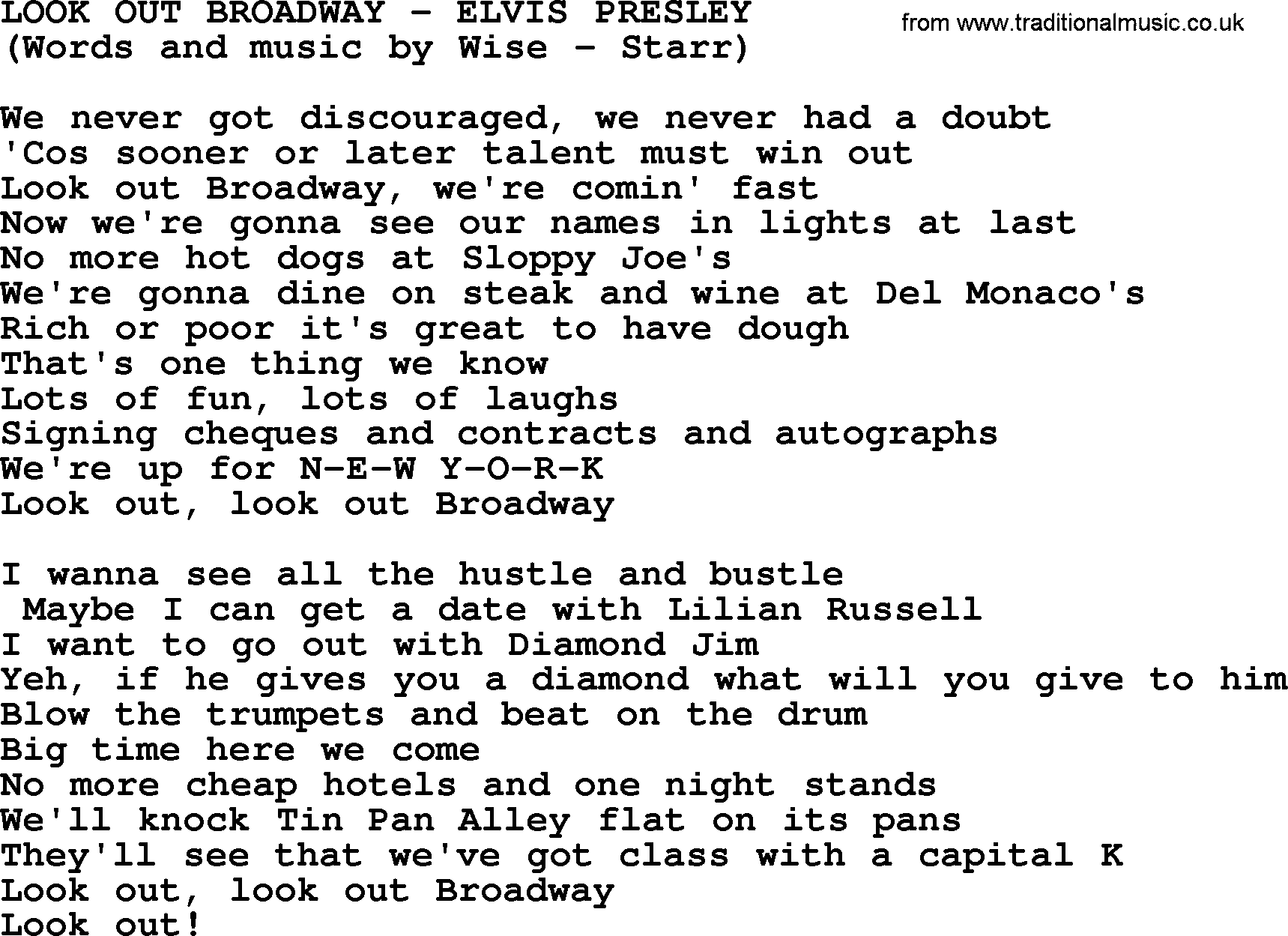 Elvis Presley song: Look Out Broadway lyrics