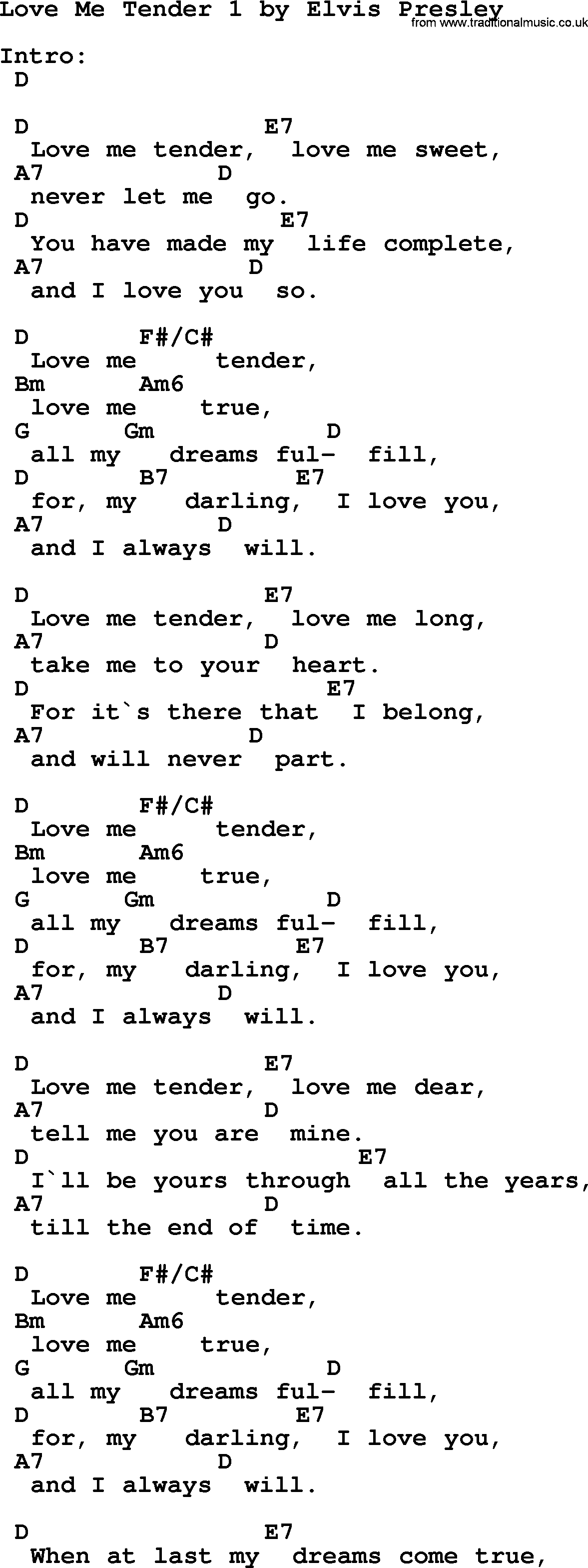 Elvis Presley song: Love Me Tender 1, lyrics and chords