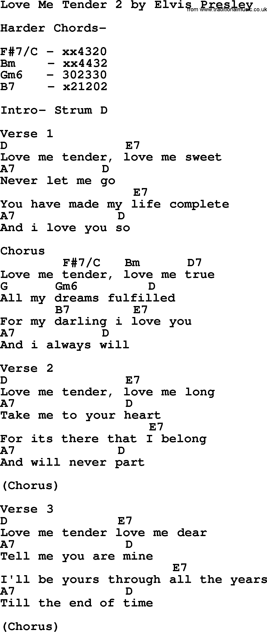 Elvis Presley song: Love Me Tender 2, lyrics and chords