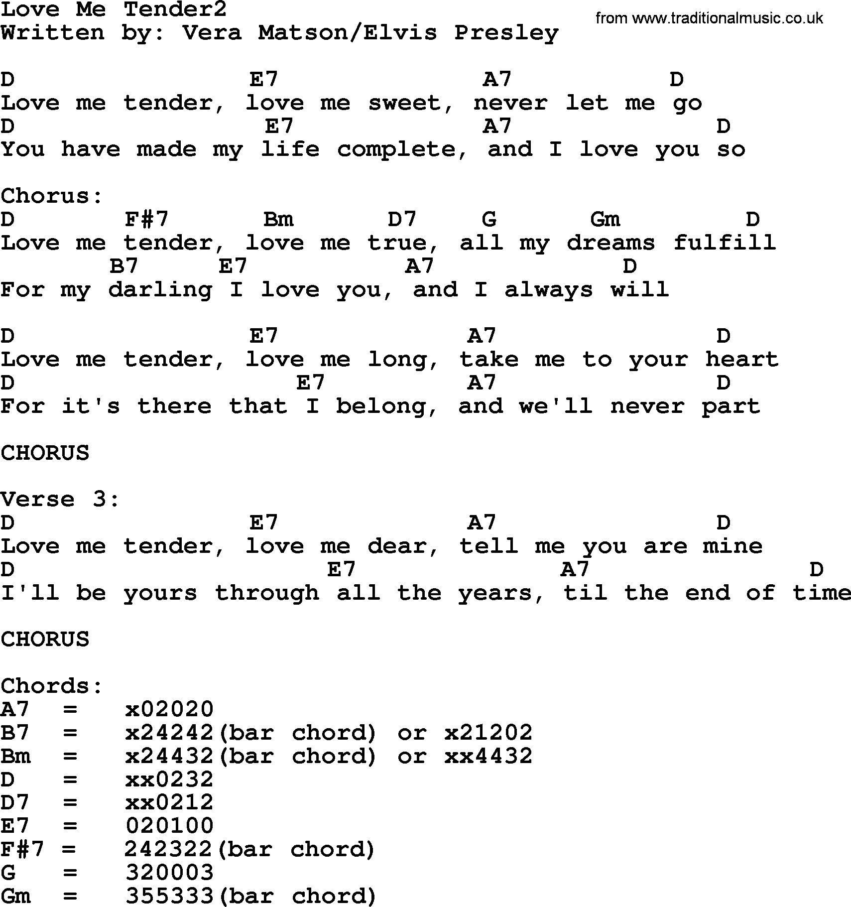 Elvis Presley song: Love Me Tender2, lyrics and chords