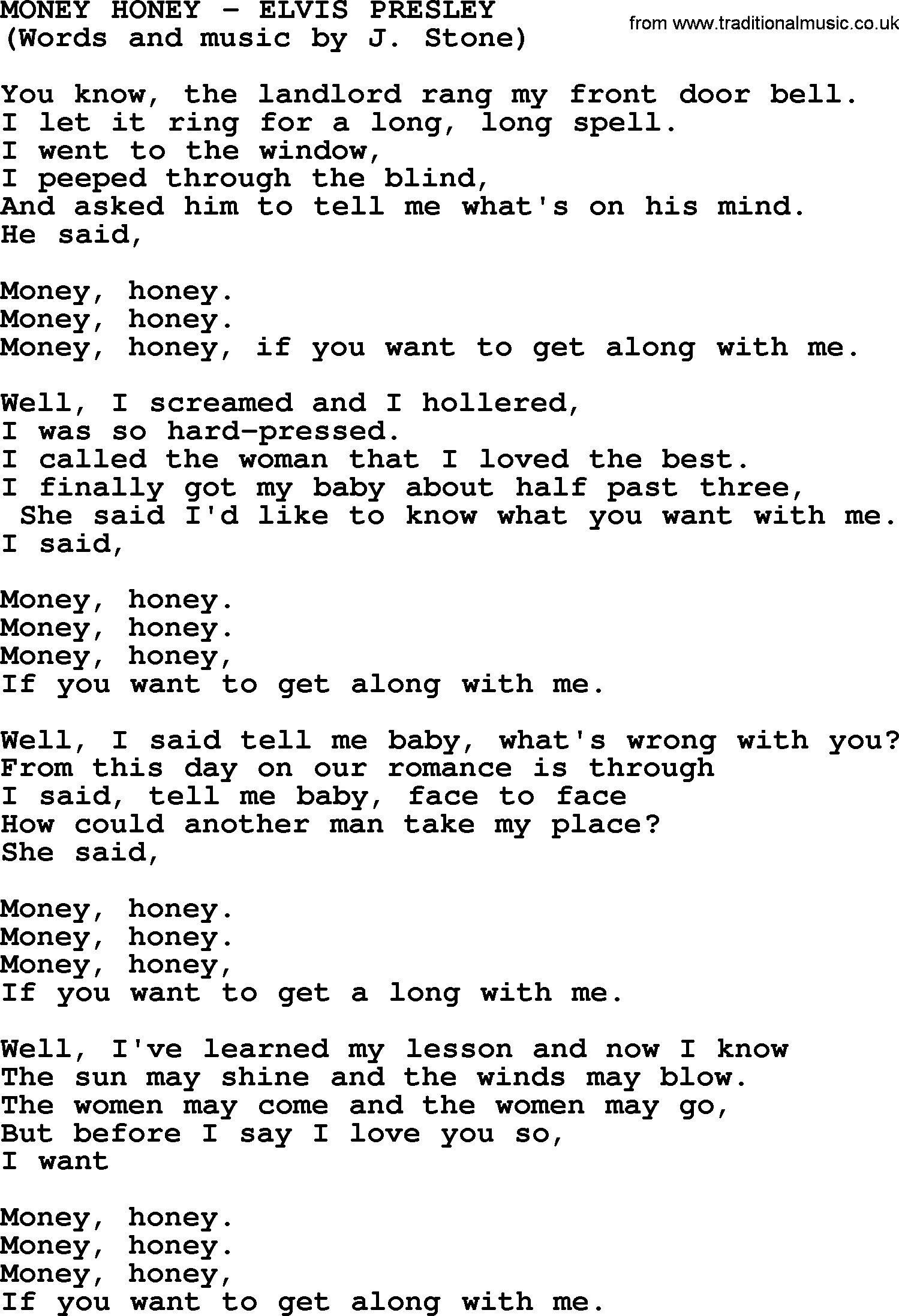 Elvis Presley song: Money Honey lyrics