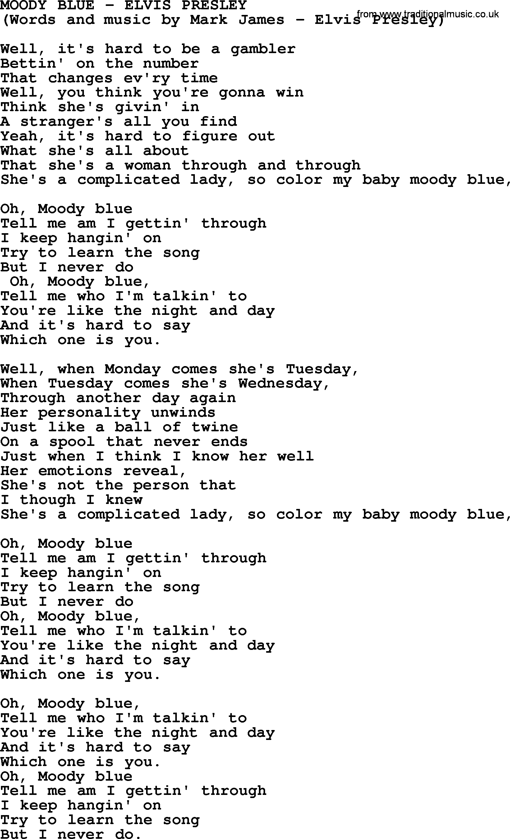 Elvis Presley song: Moody Blue lyrics
