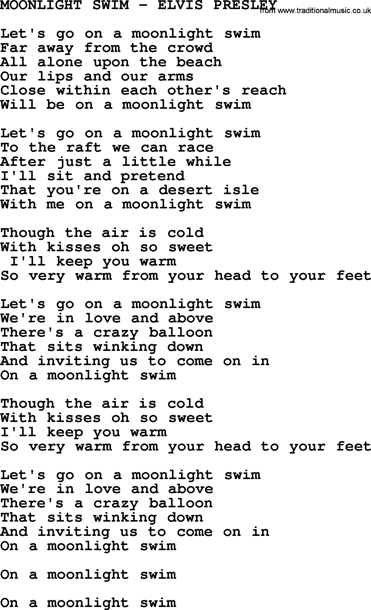 Elvis Presley song: Moonlight Swim-Elvis Presley-.txt lyrics and chords