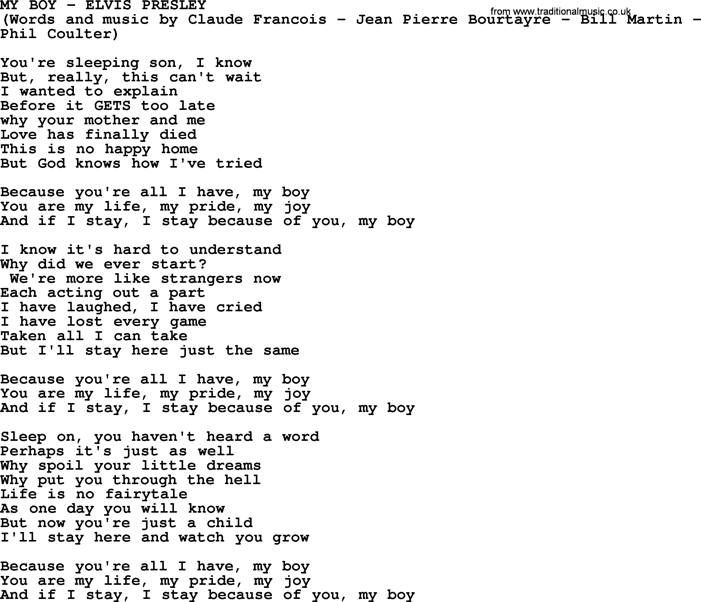 Elvis Presley song: My Boy lyrics