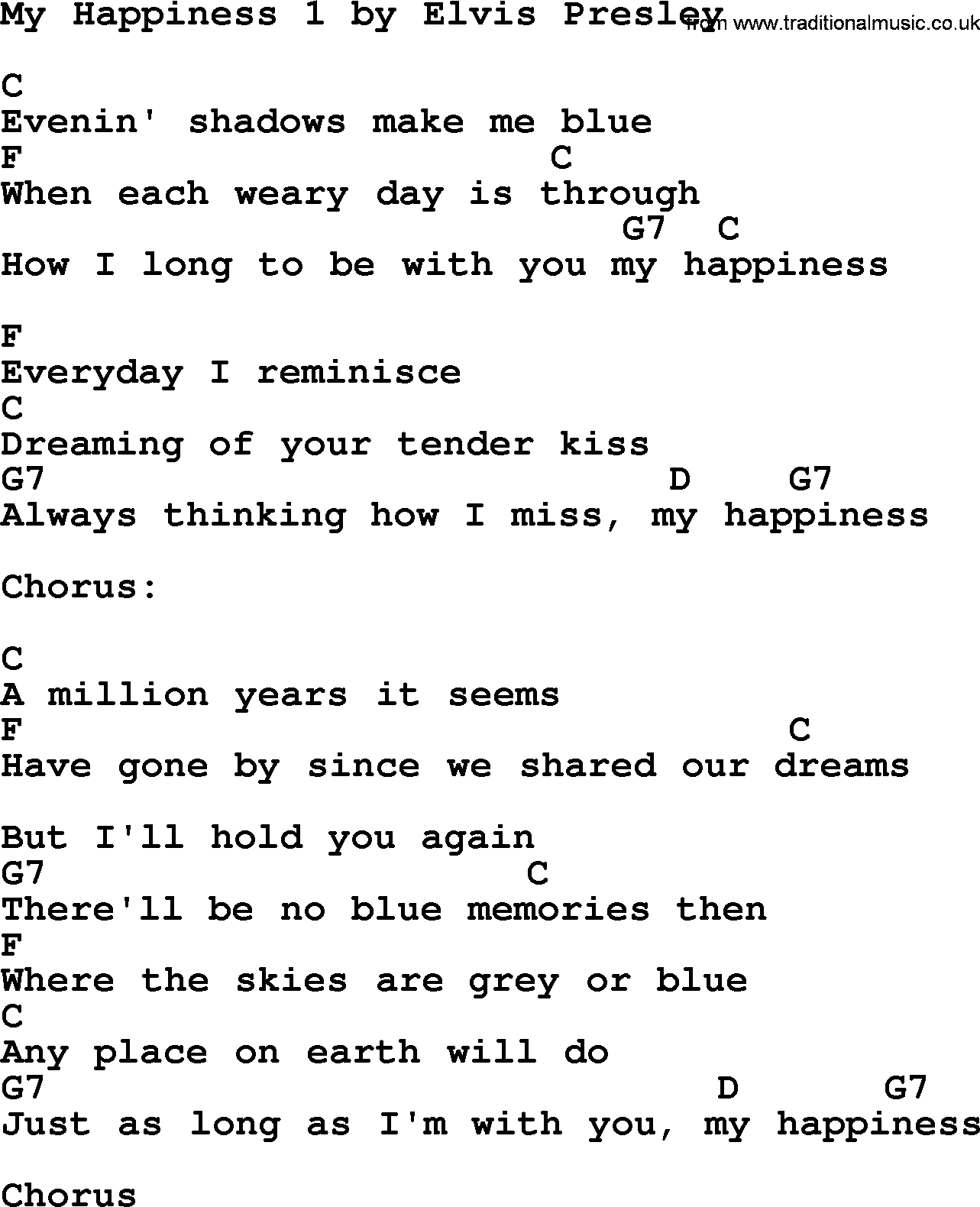 Elvis Presley song: My Happiness 1, lyrics and chords